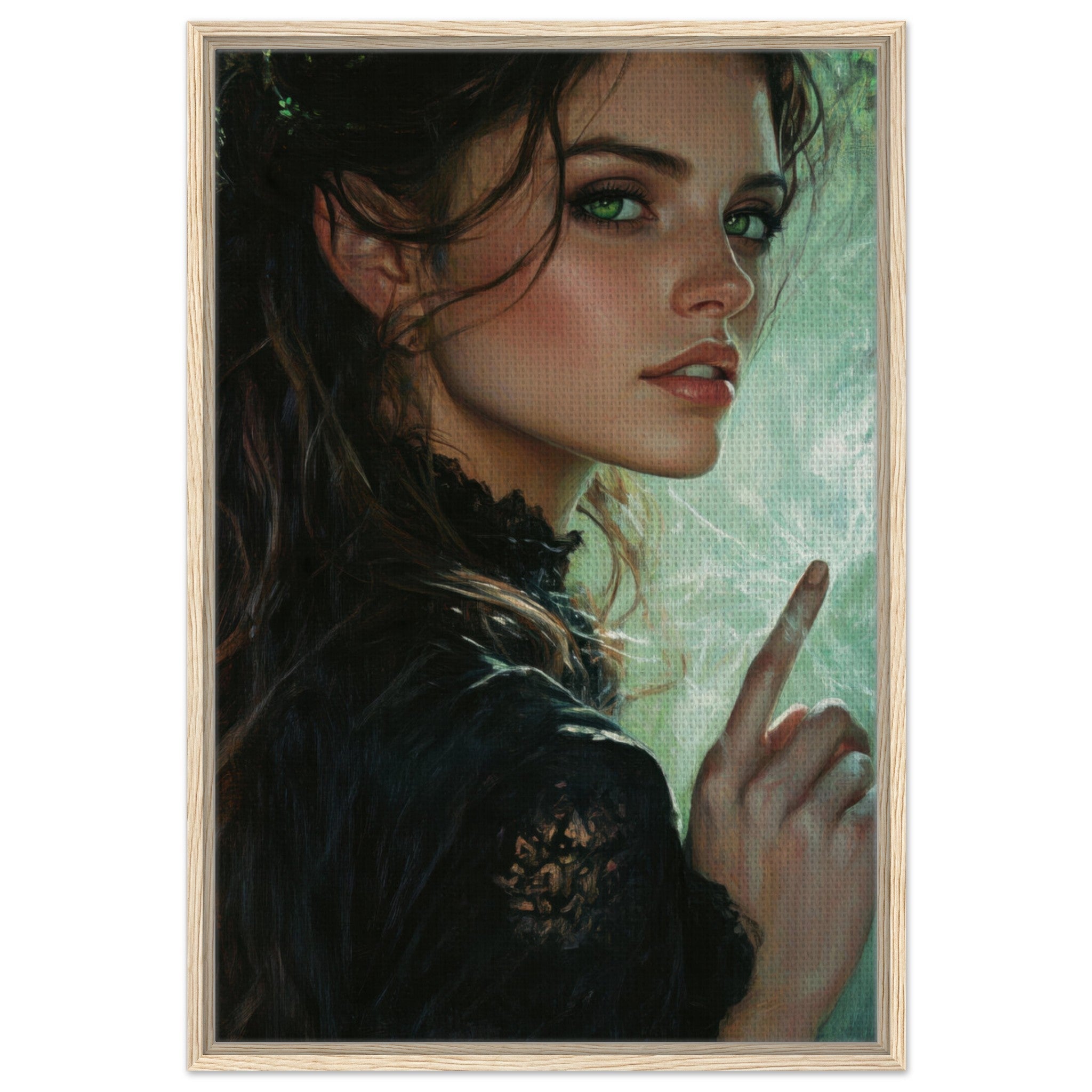 Framed Canvas Portrait - The Fae Sorceress of the Emerald Woods Oil Faint 6 - Shop Ai Art WebShop - Digital Art online Store