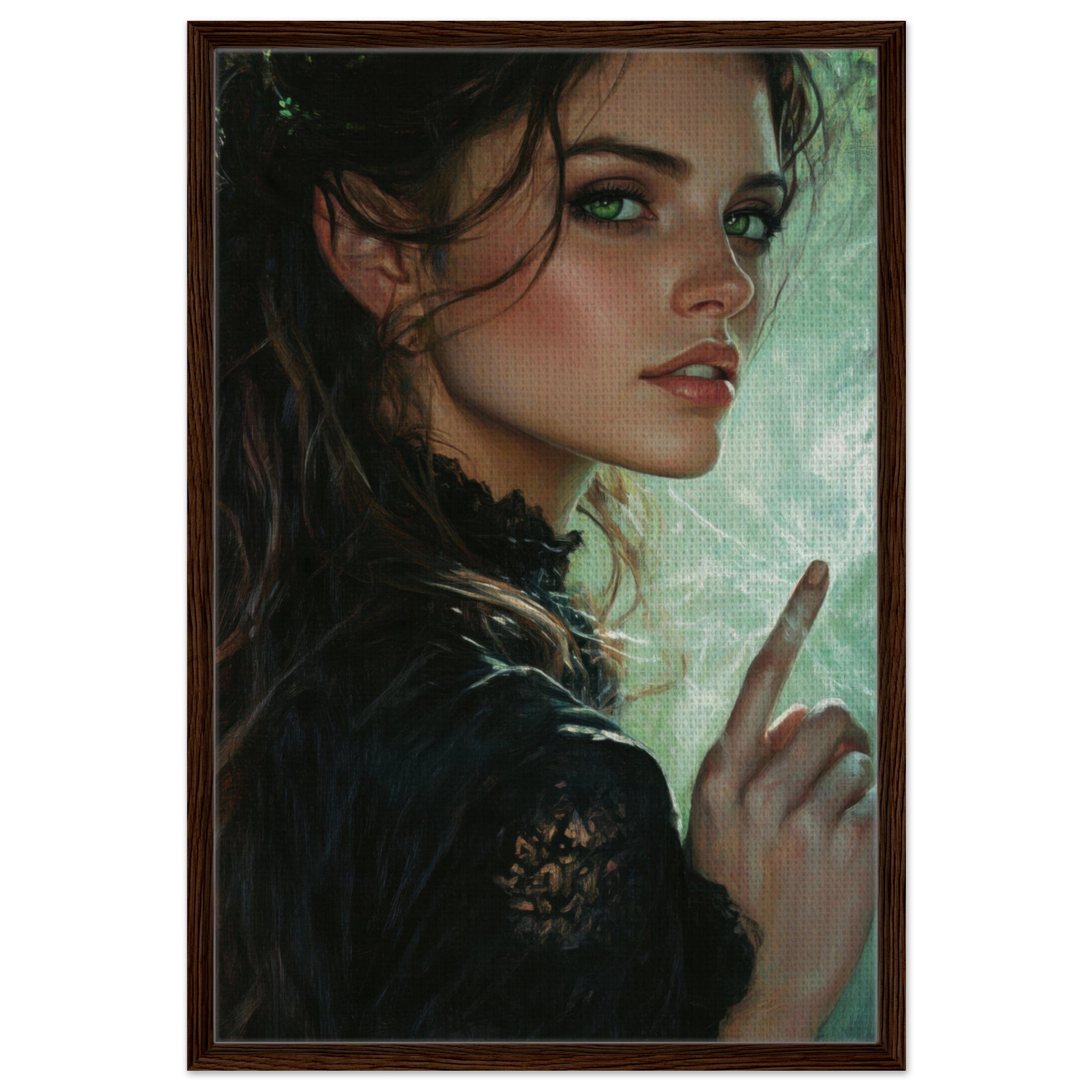 Framed Canvas Portrait - The Fae Sorceress of the Emerald Woods Oil Faint 6 - Shop Ai Art WebShop - Digital Art online Store
