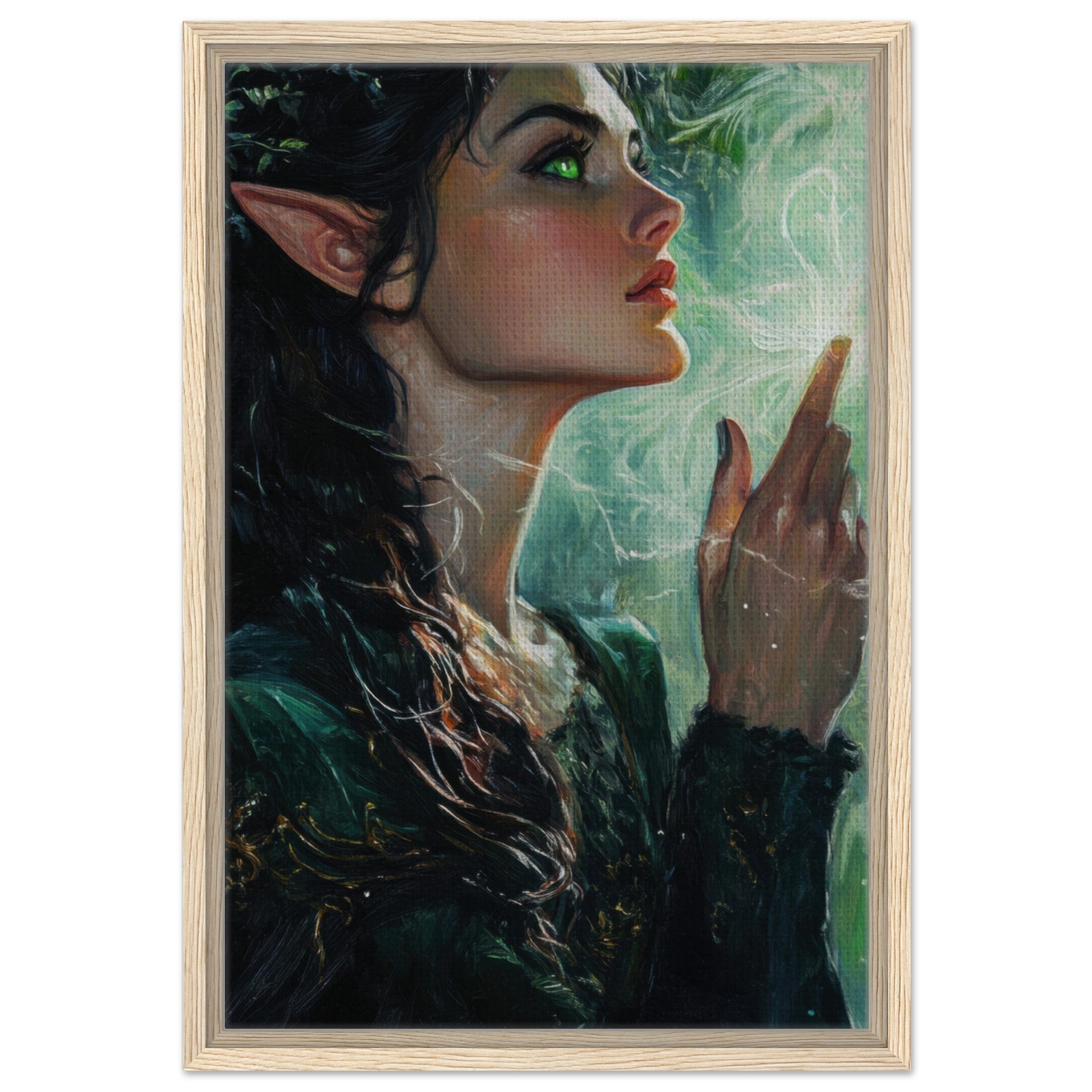Framed Canvas Portrait - The Fae Sorceress of the Emerald Woods Oil Faint 7 - Shop Ai Art WebShop - Digital Art online Store