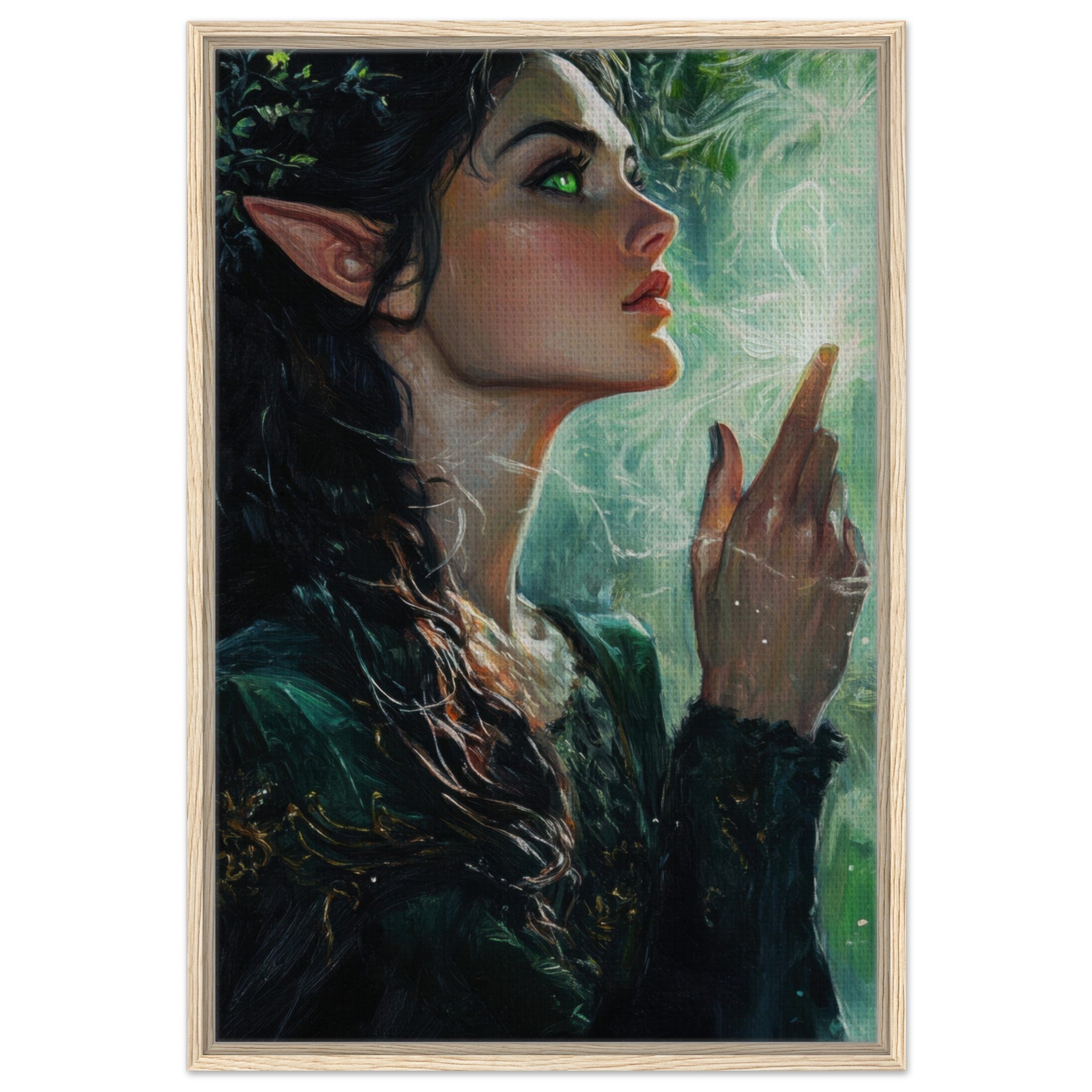 Framed Canvas Portrait - The Fae Sorceress of the Emerald Woods Oil Faint 7 - Shop Ai Art WebShop - Digital Art online Store