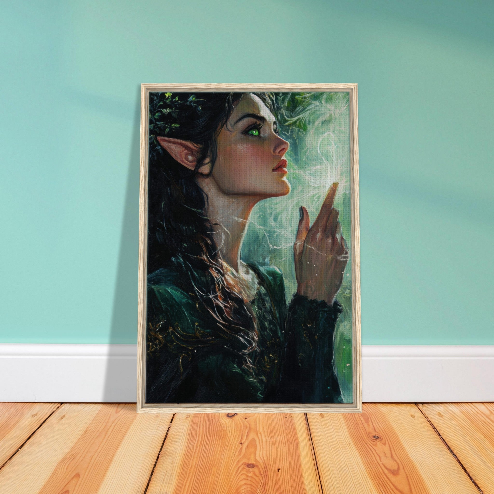 Framed Canvas Portrait - The Fae Sorceress of the Emerald Woods Oil Faint 7 - Shop Ai Art WebShop - Digital Art online Store