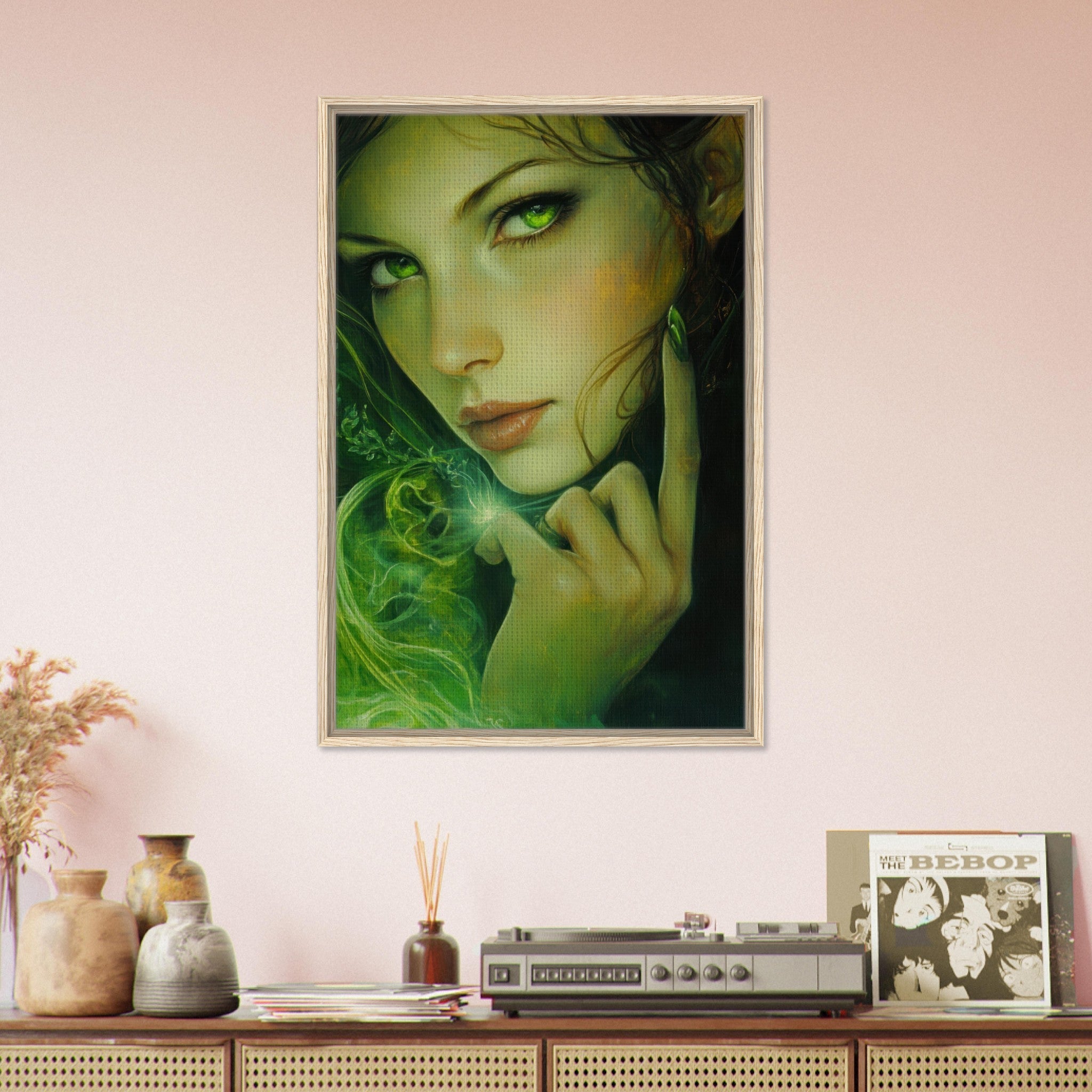 Framed Canvas Portrait - The Fae Sorceress of the Emerald Woods Oil Faint - Shop Ai Art WebShop - Digital Art online Store