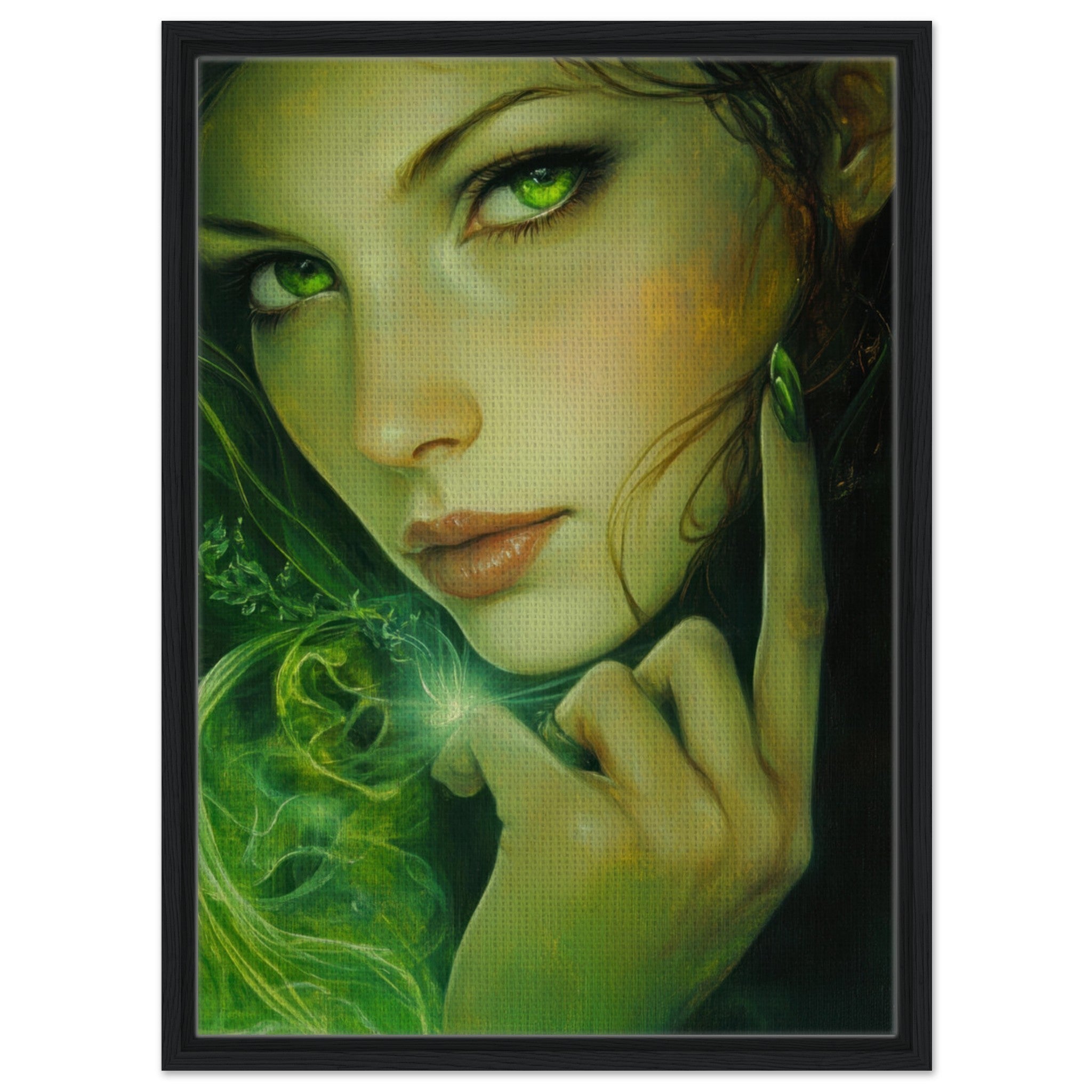 Framed Canvas Portrait - The Fae Sorceress of the Emerald Woods Oil Faint - Shop Ai Art WebShop - Digital Art online Store