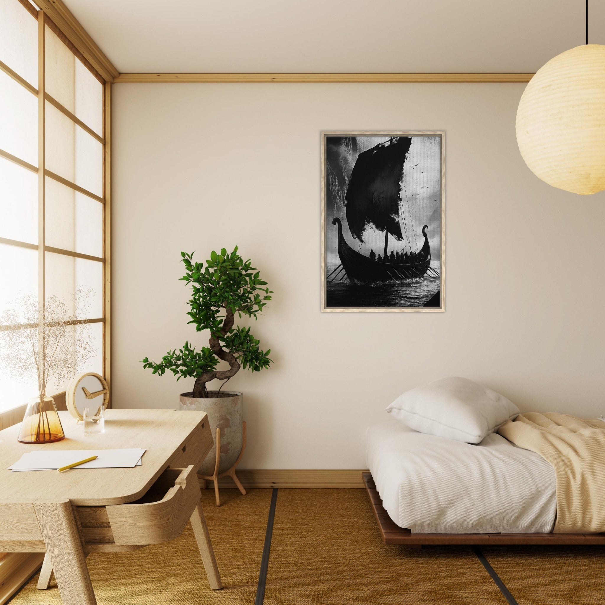 Framed Canvas Portrait - The Ghostly Viking Longship Dark Nordic Ink Met - Shop Ai Art WebShop - Digital Art online Store