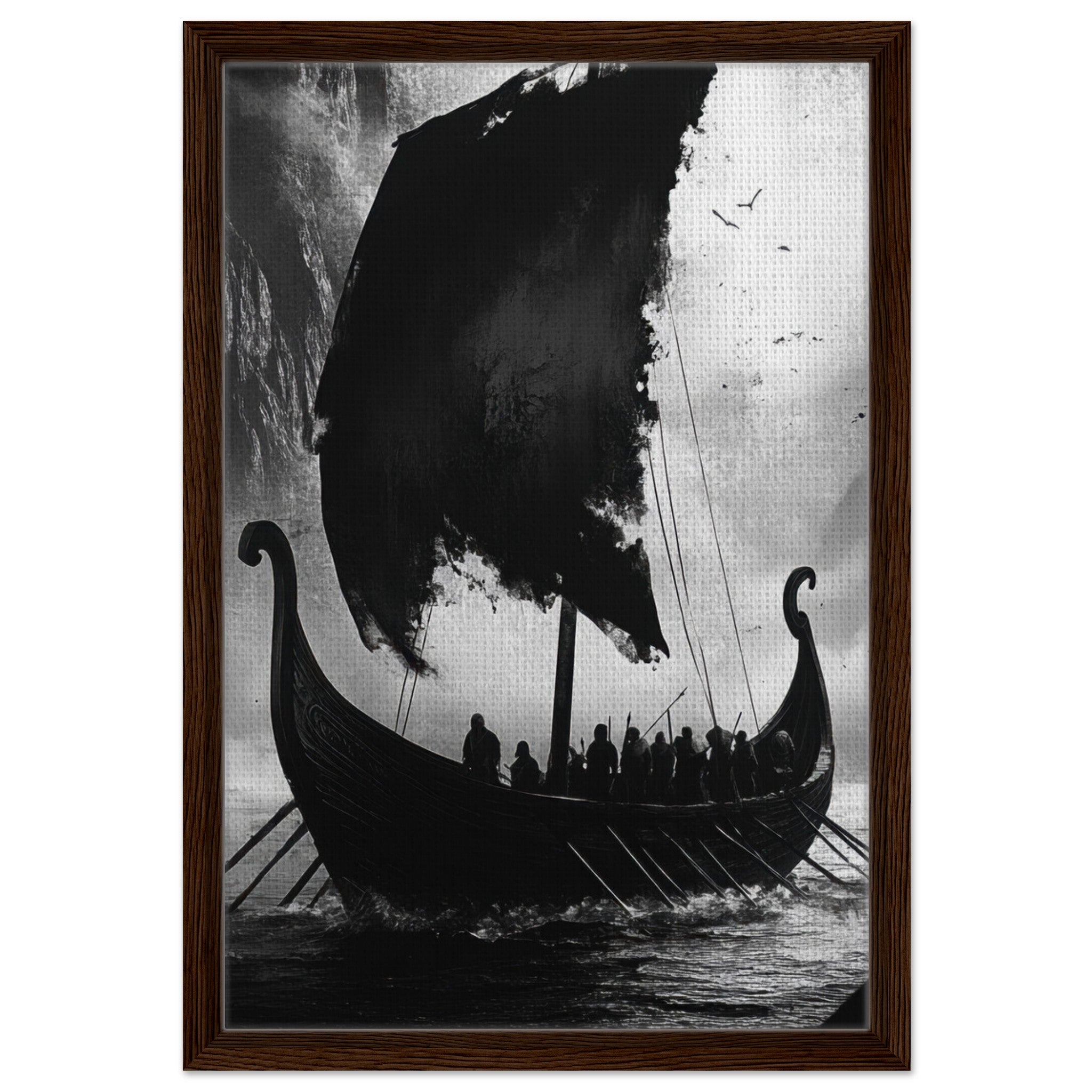 Framed Canvas Portrait - The Ghostly Viking Longship Dark Nordic Ink Met - Shop Ai Art WebShop - Digital Art online Store