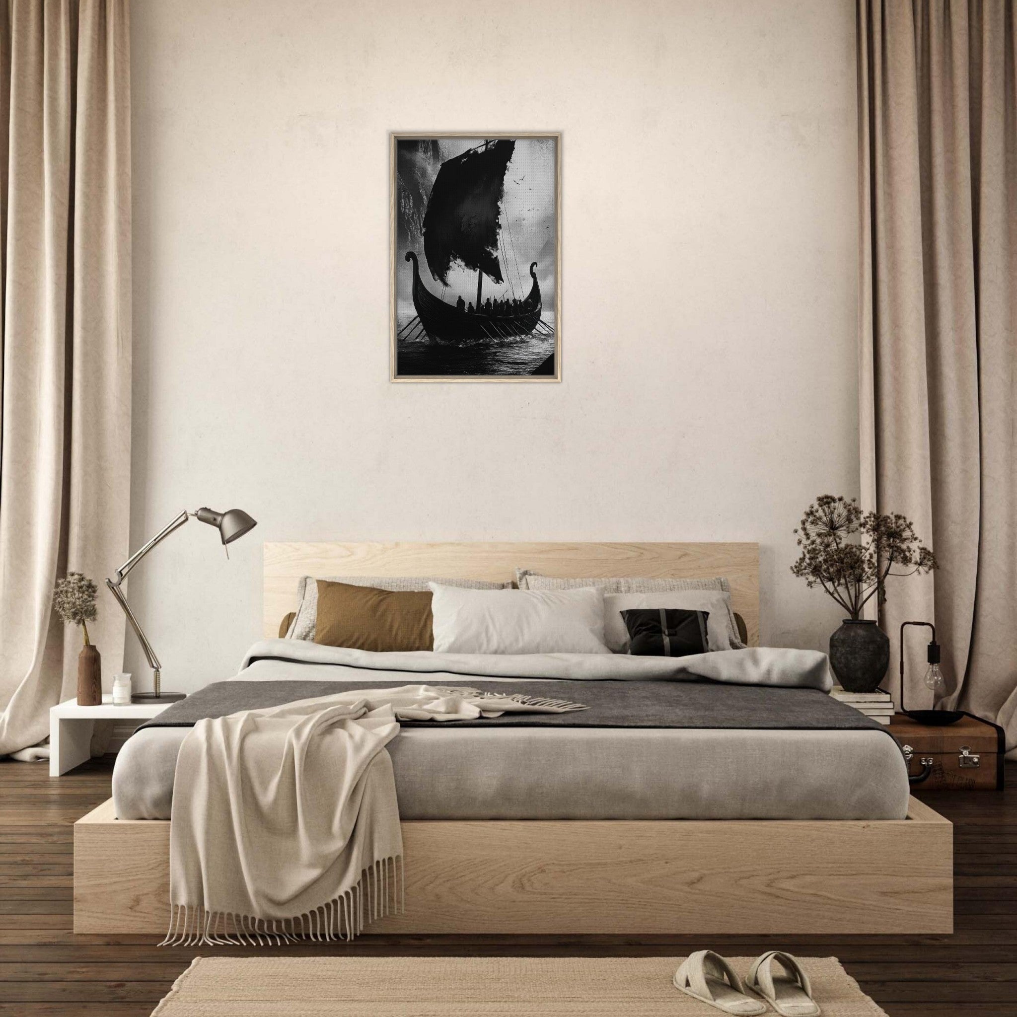 Framed Canvas Portrait - The Ghostly Viking Longship Dark Nordic Ink Met - Shop Ai Art WebShop - Digital Art online Store