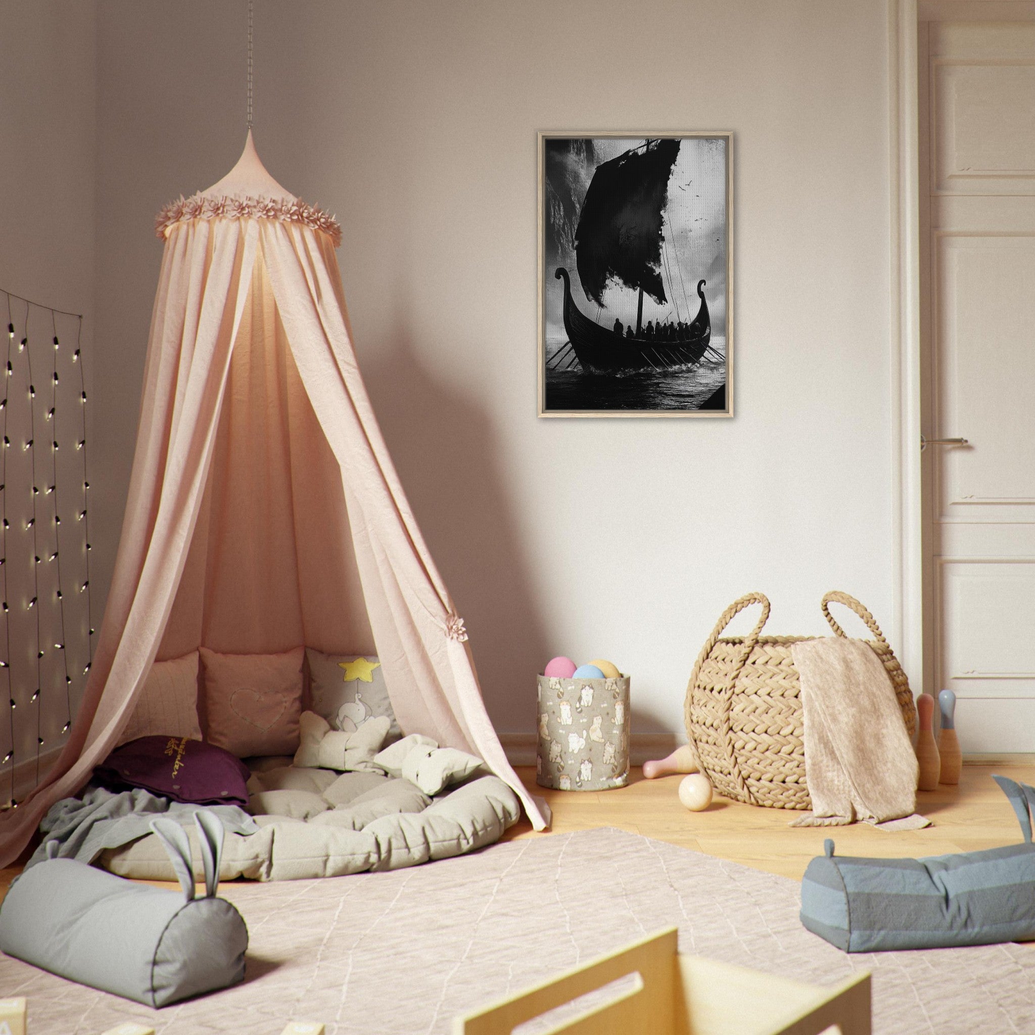 Framed Canvas Portrait - The Ghostly Viking Longship Dark Nordic Ink Met - Shop Ai Art WebShop - Digital Art online Store