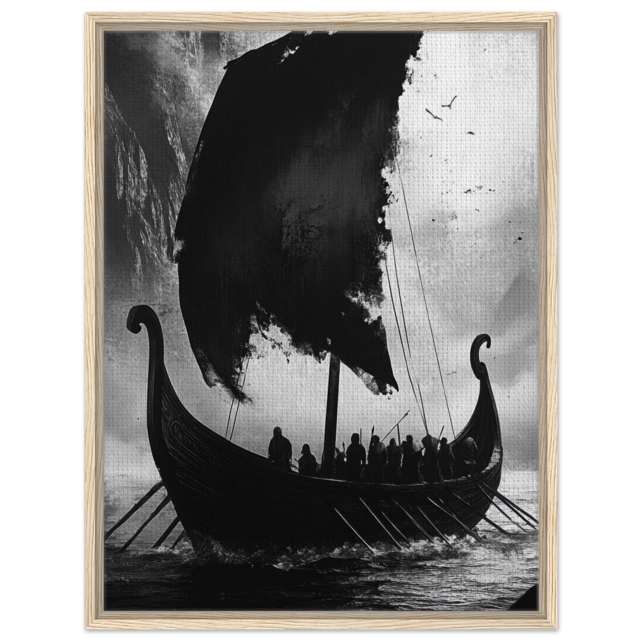Framed Canvas Portrait - The Ghostly Viking Longship Dark Nordic Ink Met - Shop Ai Art WebShop - Digital Art online Store
