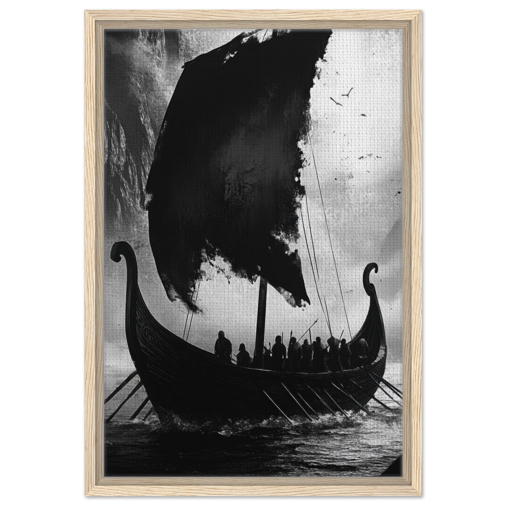 Framed Canvas Portrait - The Ghostly Viking Longship Dark Nordic Ink Met - Shop Ai Art WebShop - Digital Art online Store