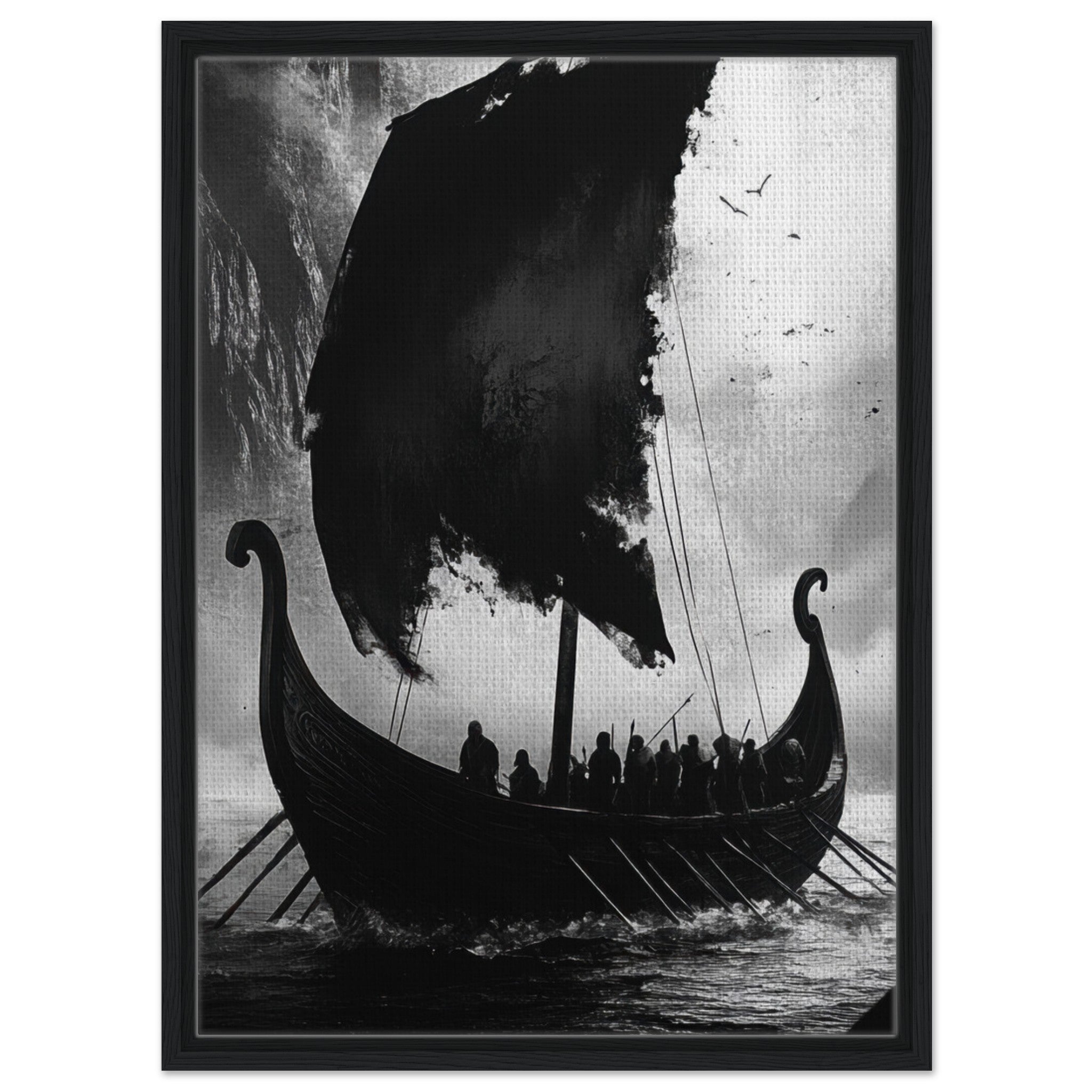 Framed Canvas Portrait - The Ghostly Viking Longship Dark Nordic Ink Met - Shop Ai Art WebShop - Digital Art online Store
