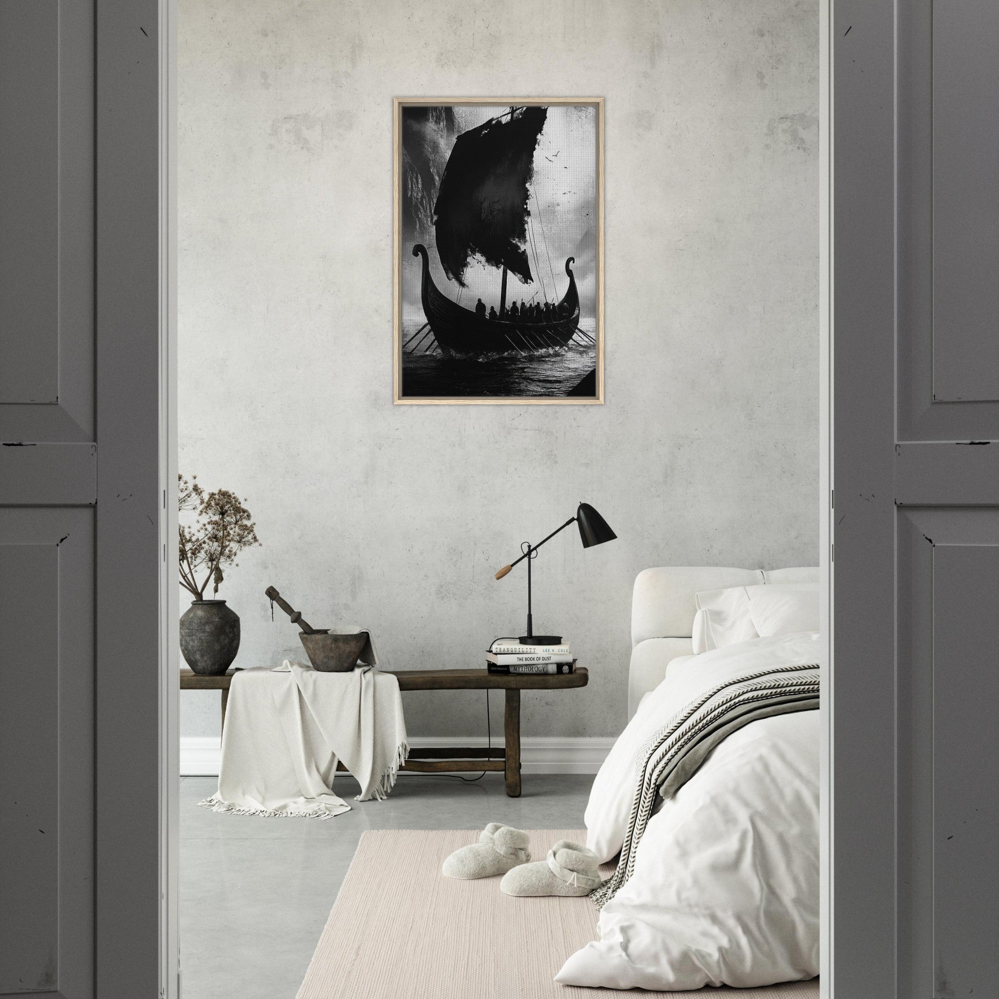 Framed Canvas Portrait - The Ghostly Viking Longship Dark Nordic Ink Met - Shop Ai Art WebShop - Digital Art online Store