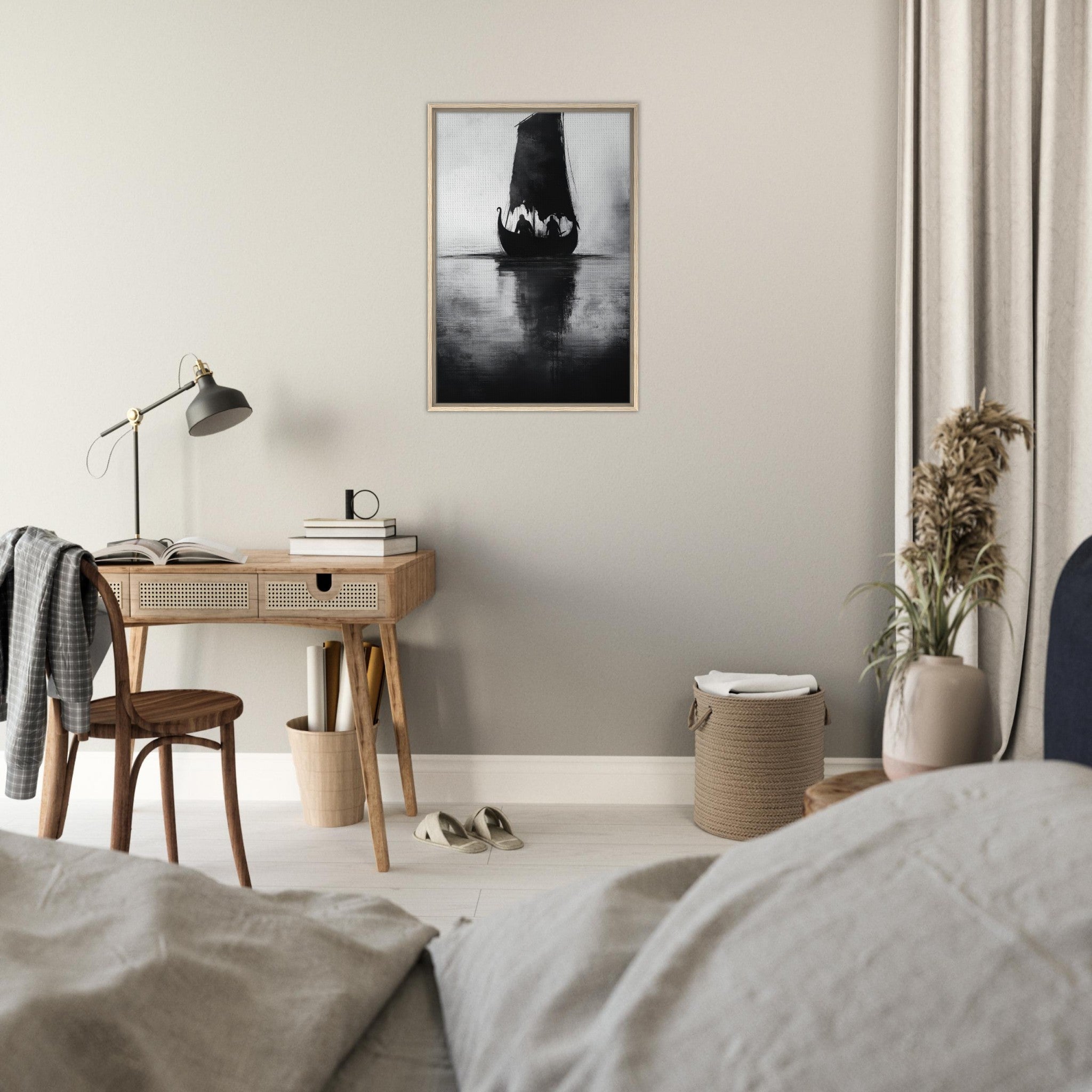Framed Canvas Portrait - The Ghostly Viking Longship Dark Nordic Ink Met 4 - Shop Ai Art WebShop - Digital Art online Store