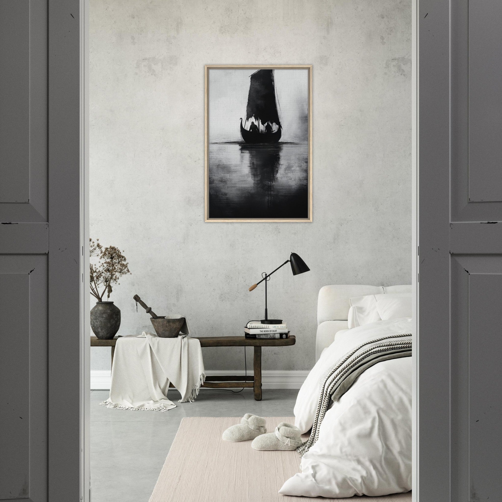 Framed Canvas Portrait - The Ghostly Viking Longship Dark Nordic Ink Met 4 - Shop Ai Art WebShop - Digital Art online Store