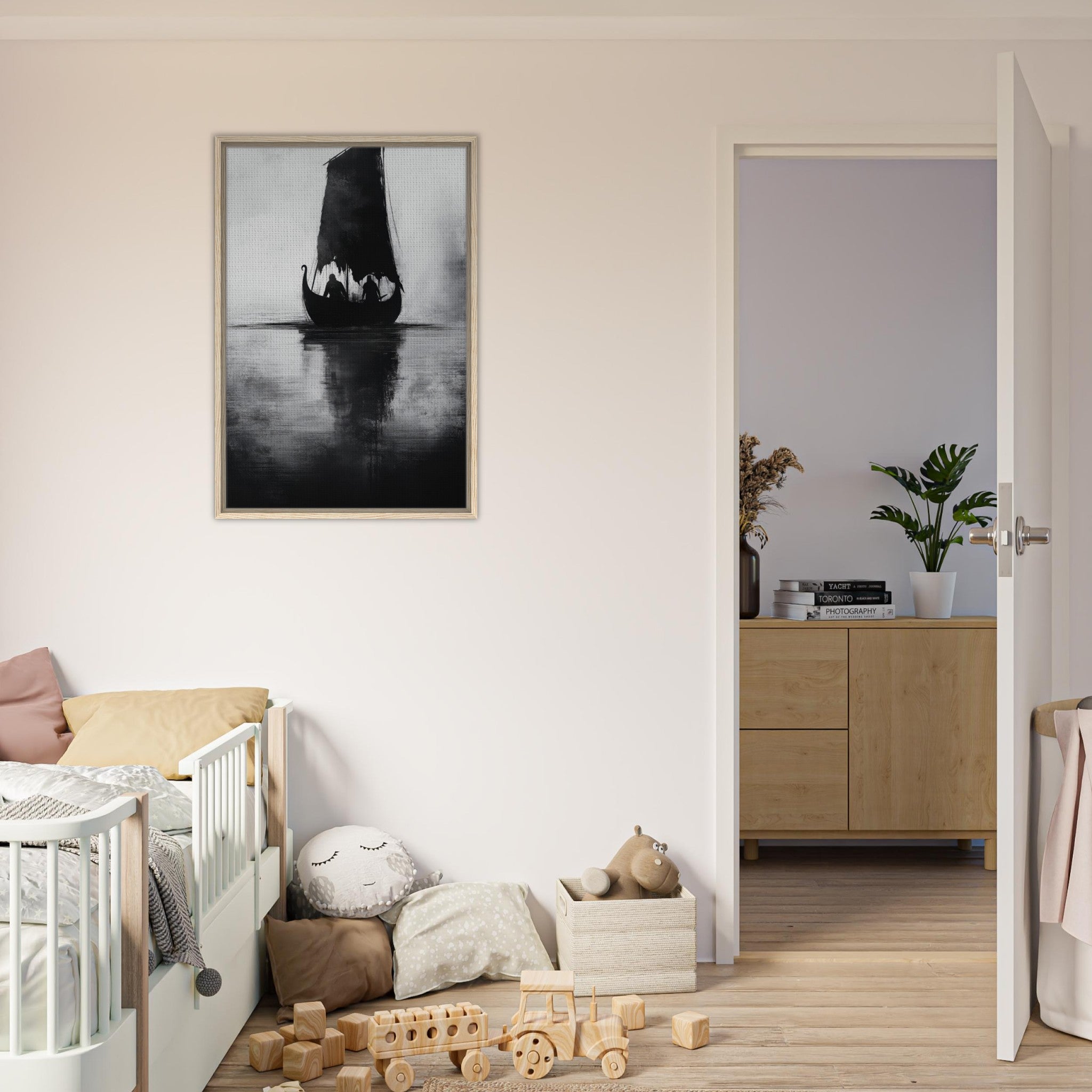 Framed Canvas Portrait - The Ghostly Viking Longship Dark Nordic Ink Met 4 - Shop Ai Art WebShop - Digital Art online Store