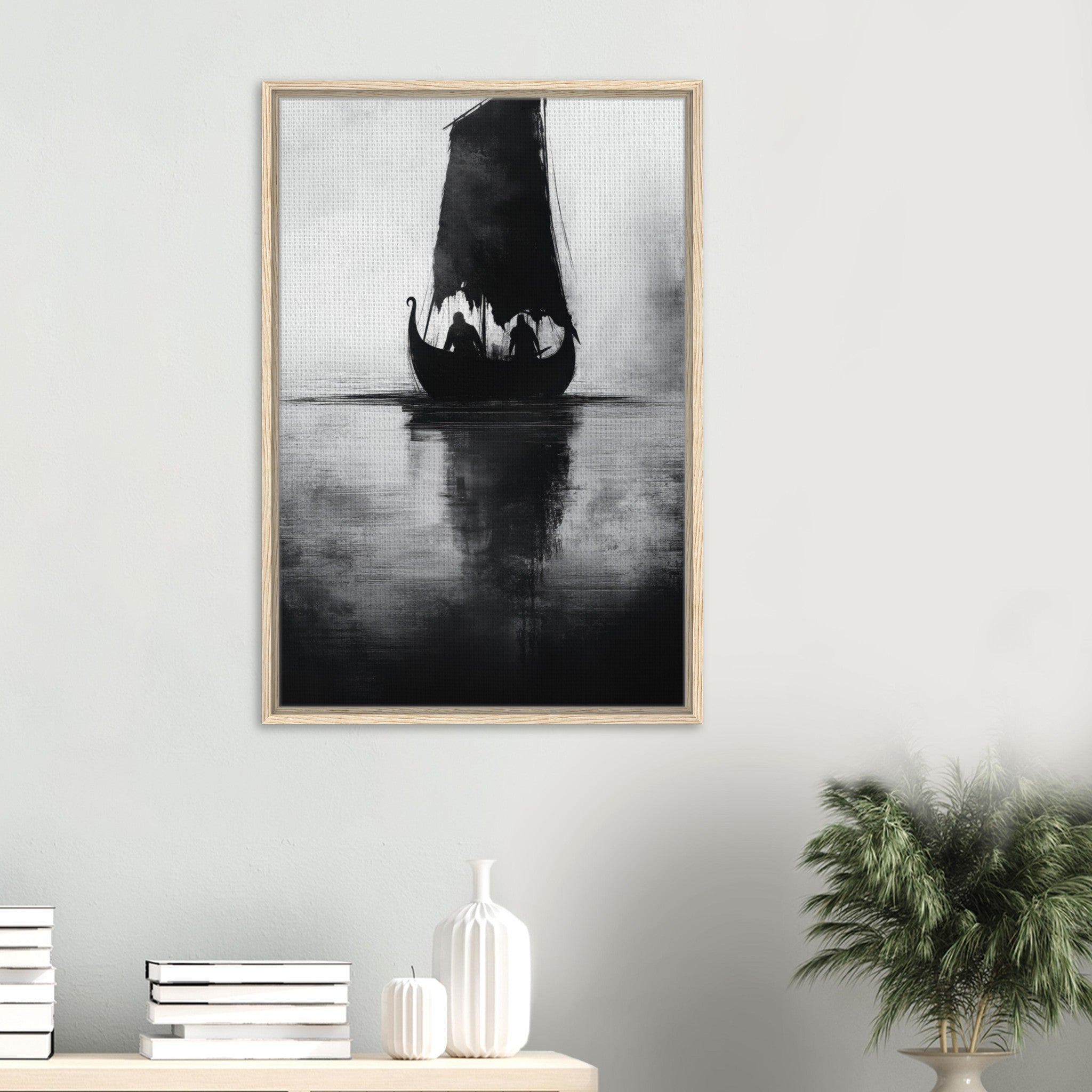 Framed Canvas Portrait - The Ghostly Viking Longship Dark Nordic Ink Met 4 - Shop Ai Art WebShop - Digital Art online Store