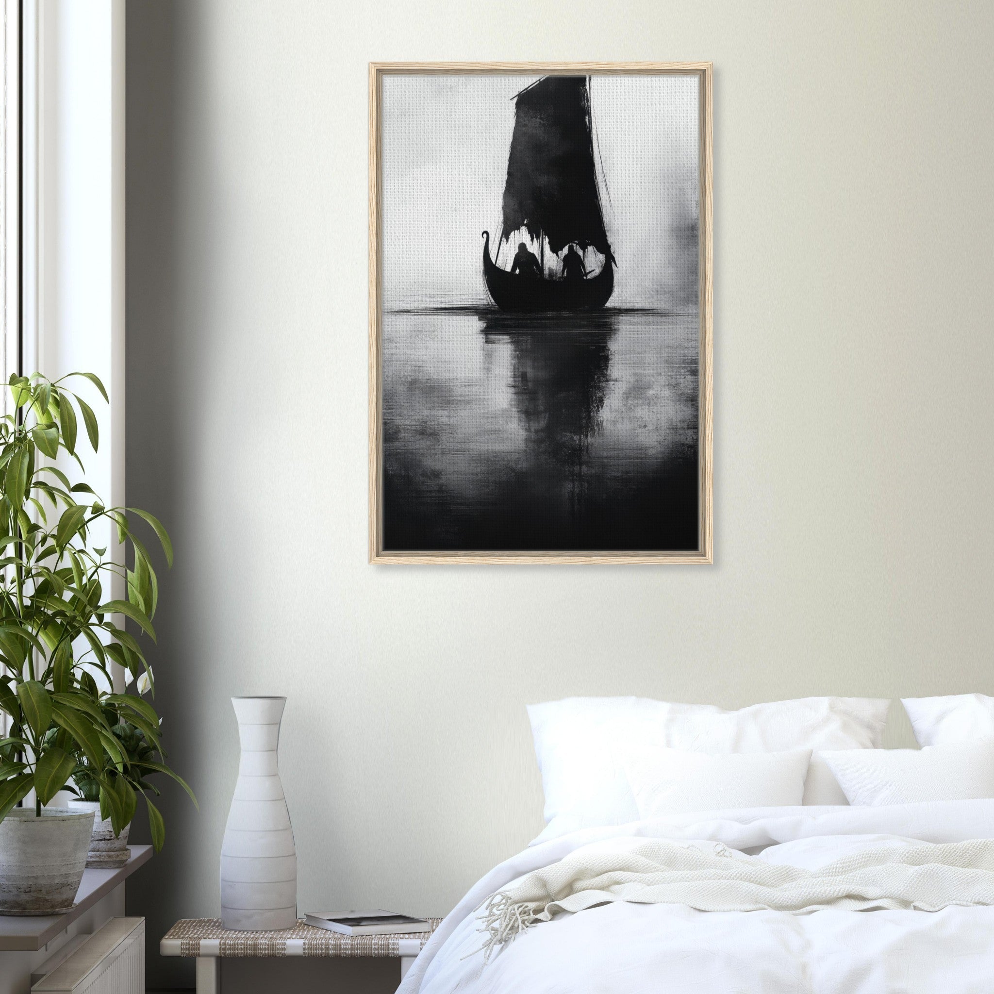 Framed Canvas Portrait - The Ghostly Viking Longship Dark Nordic Ink Met 4 - Shop Ai Art WebShop - Digital Art online Store