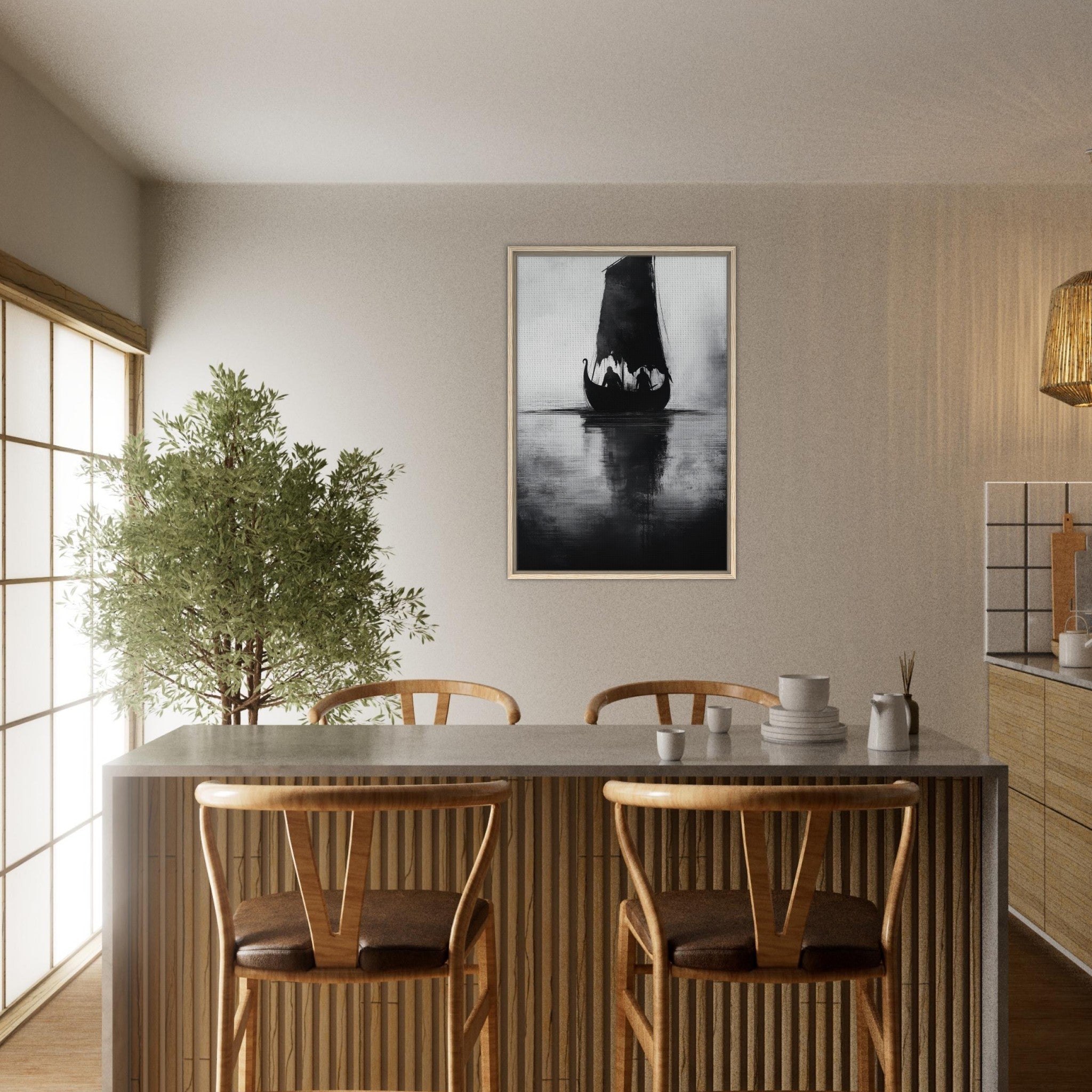 Framed Canvas Portrait - The Ghostly Viking Longship Dark Nordic Ink Met 4 - Shop Ai Art WebShop - Digital Art online Store