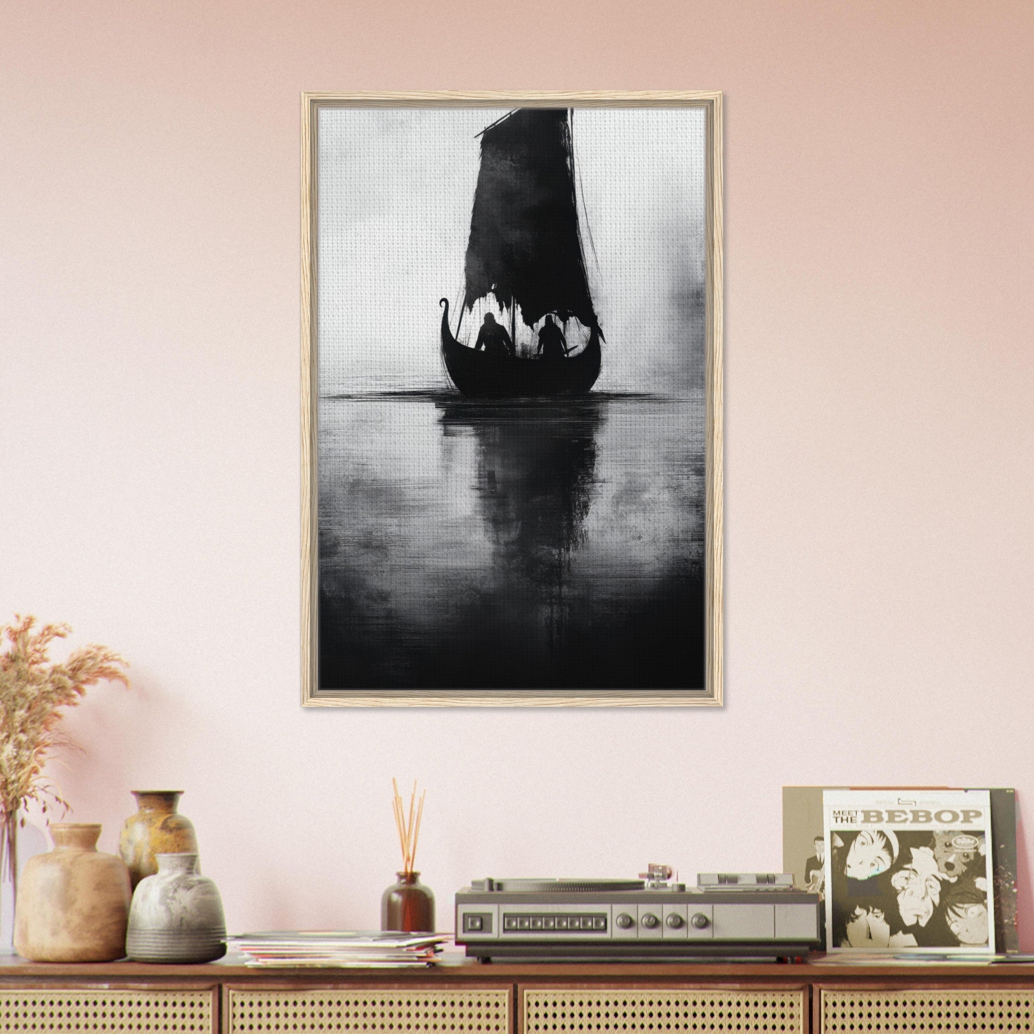 Framed Canvas Portrait - The Ghostly Viking Longship Dark Nordic Ink Met 4 - Shop Ai Art WebShop - Digital Art online Store