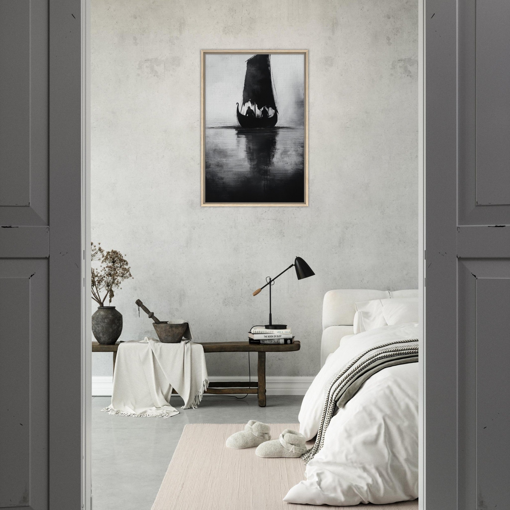Framed Canvas Portrait - The Ghostly Viking Longship Dark Nordic Ink Met 4 - Shop Ai Art WebShop - Digital Art online Store
