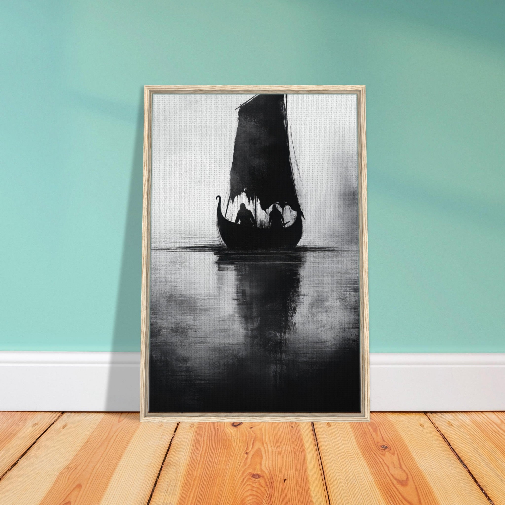 Framed Canvas Portrait - The Ghostly Viking Longship Dark Nordic Ink Met 4 - Shop Ai Art WebShop - Digital Art online Store