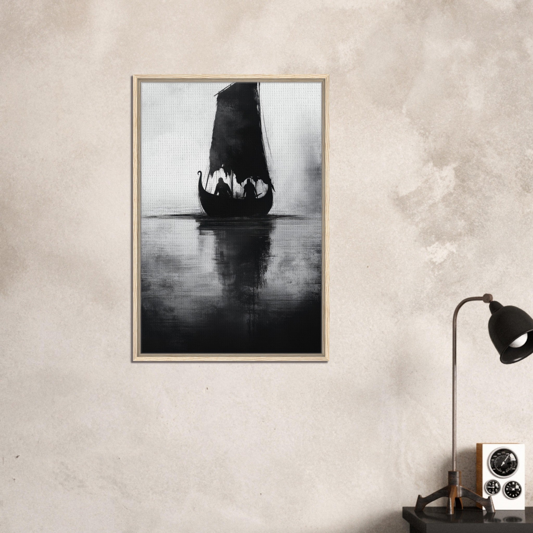 Framed Canvas Portrait - The Ghostly Viking Longship Dark Nordic Ink Met 4 - Shop Ai Art WebShop - Digital Art online Store
