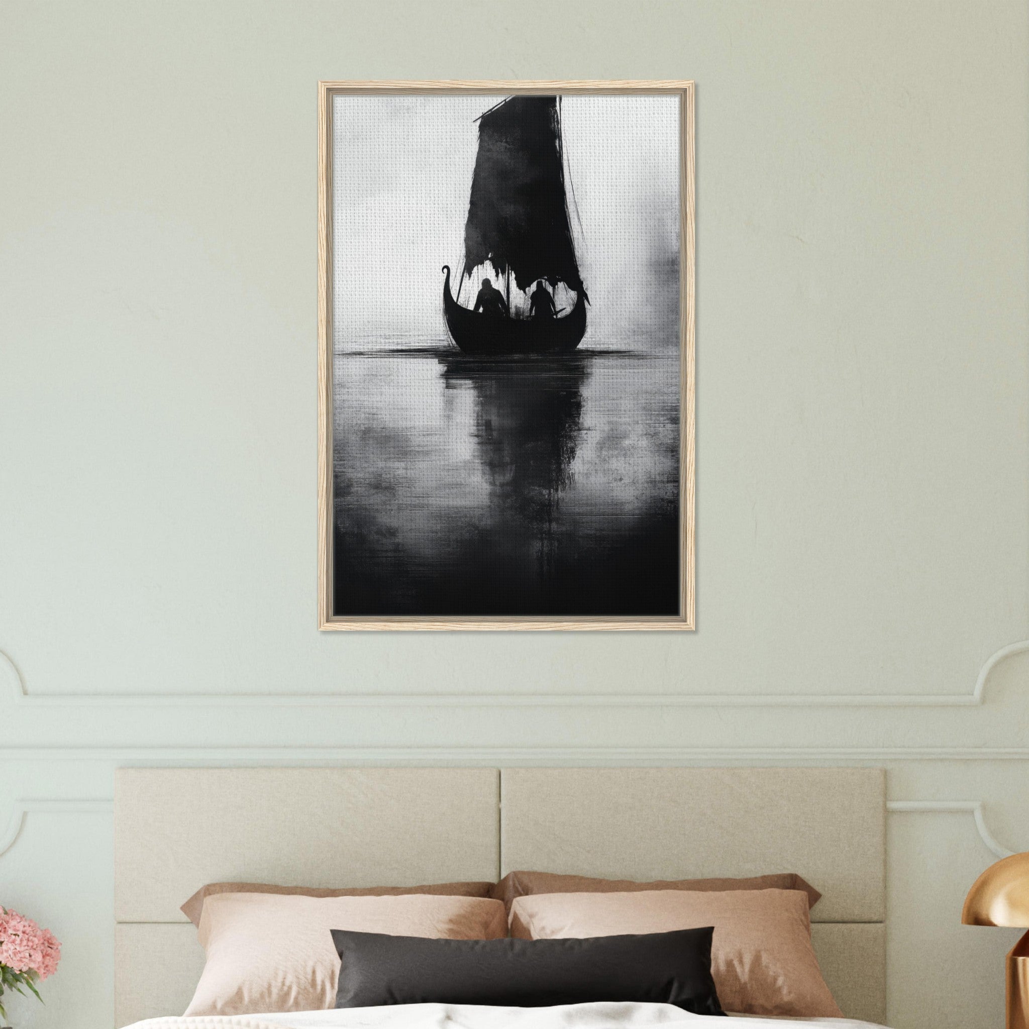 Framed Canvas Portrait - The Ghostly Viking Longship Dark Nordic Ink Met 4 - Shop Ai Art WebShop - Digital Art online Store