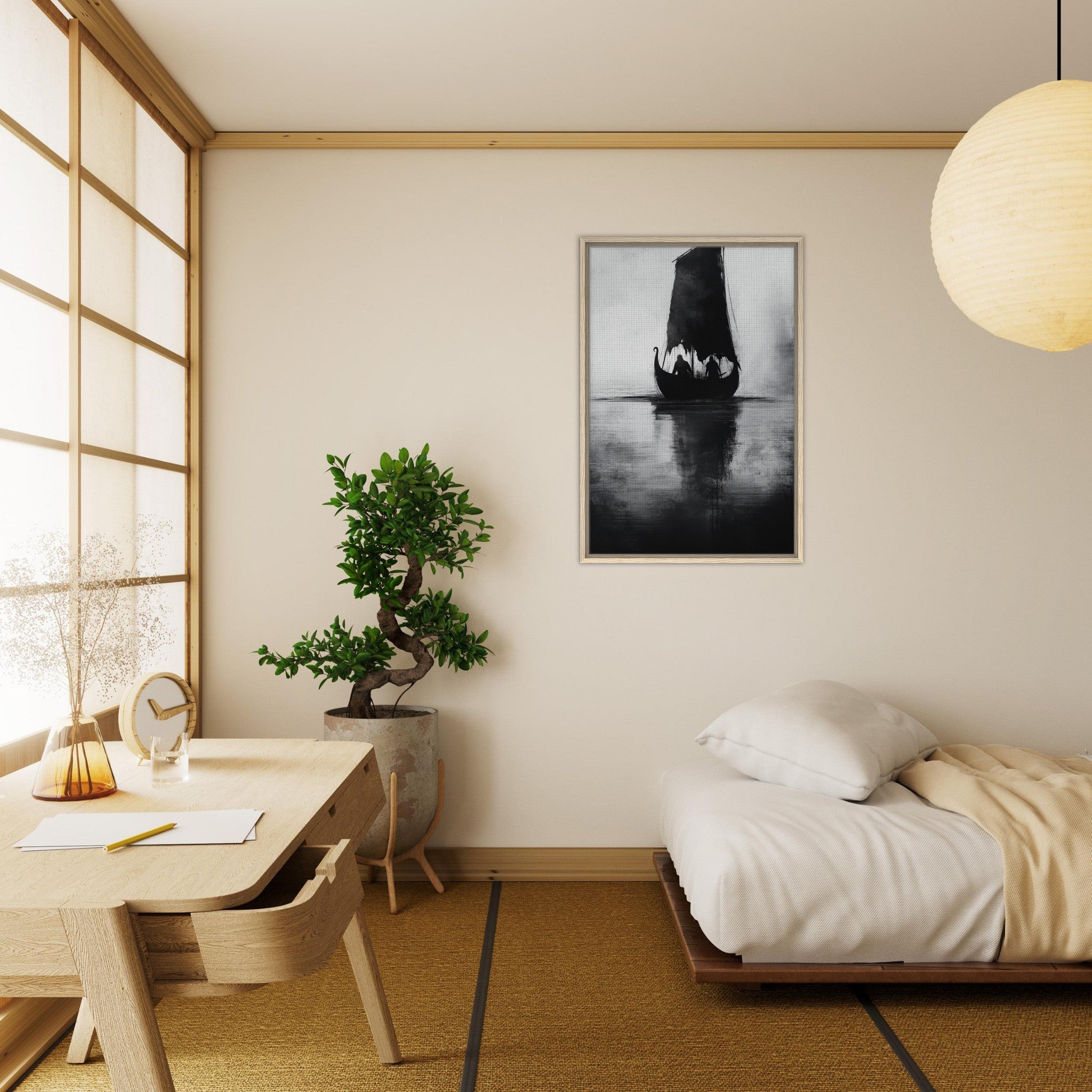 Framed Canvas Portrait - The Ghostly Viking Longship Dark Nordic Ink Met 4 - Shop Ai Art WebShop - Digital Art online Store