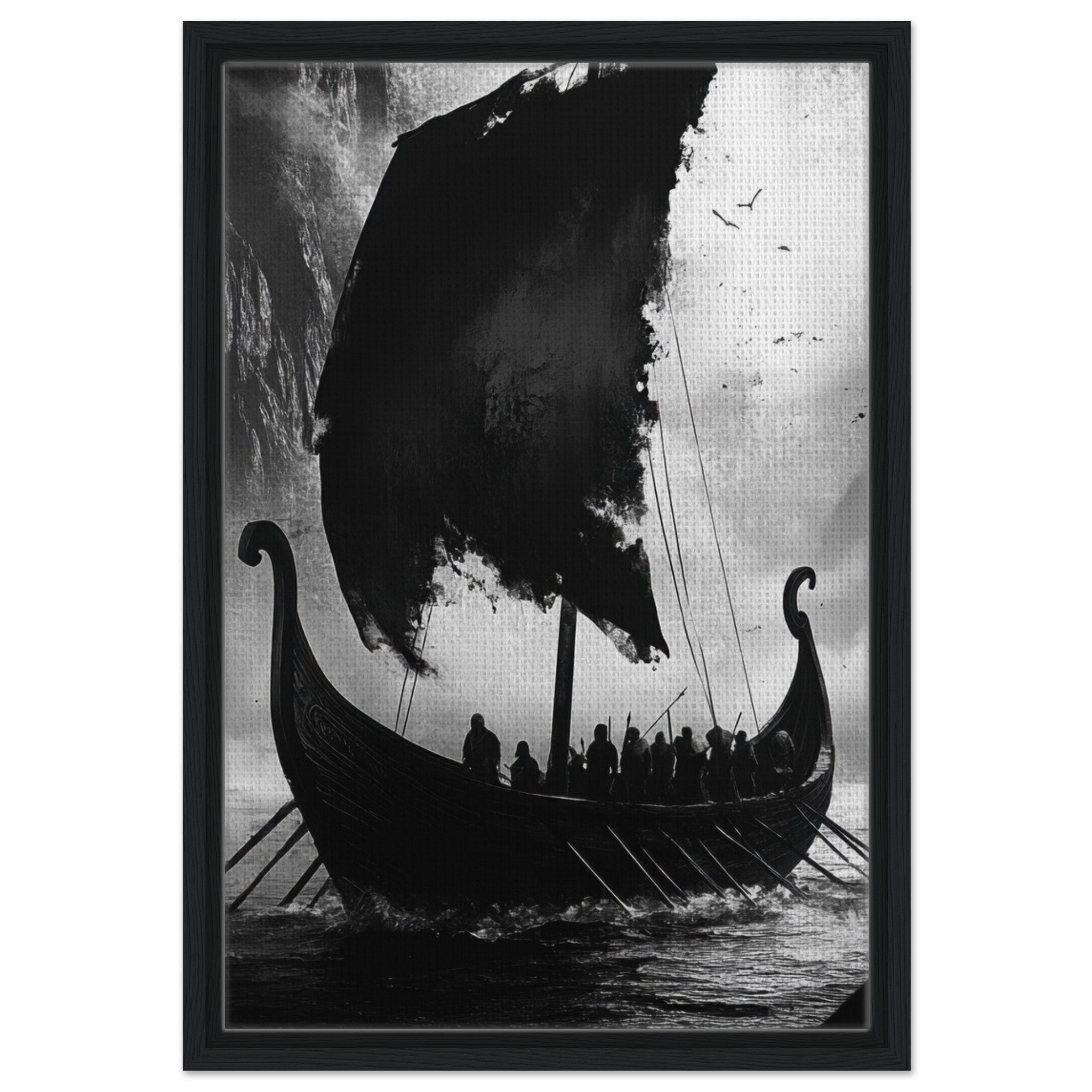 Framed Canvas Portrait - The Ghostly Viking Longship Dark Nordic Ink Met - Shop Ai Art WebShop - Digital Art online Store