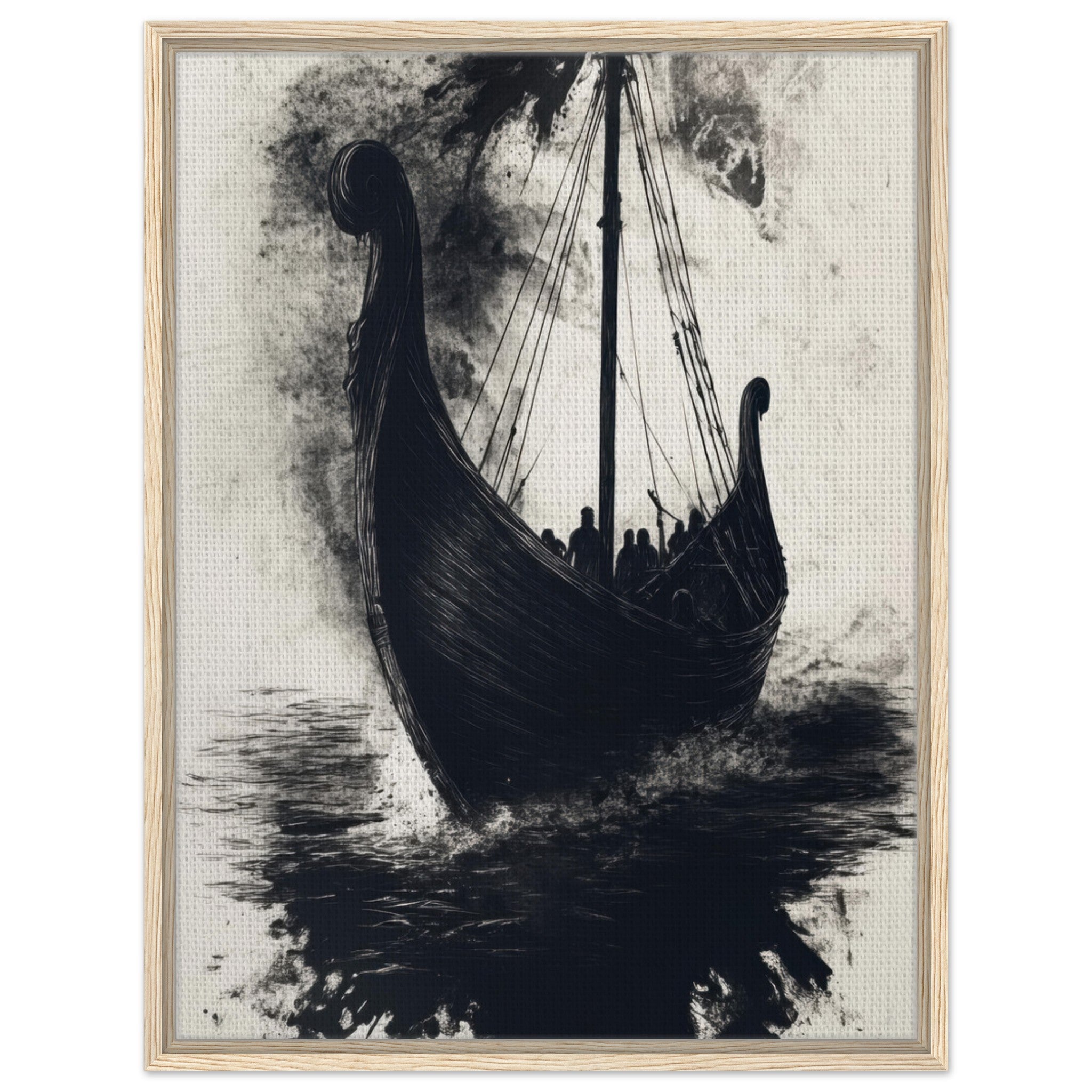 Framed Canvas Portrait - The Ghostly Viking Longship Dark Nordic Ink Met 5 - Shop Ai Art WebShop - Digital Art online Store