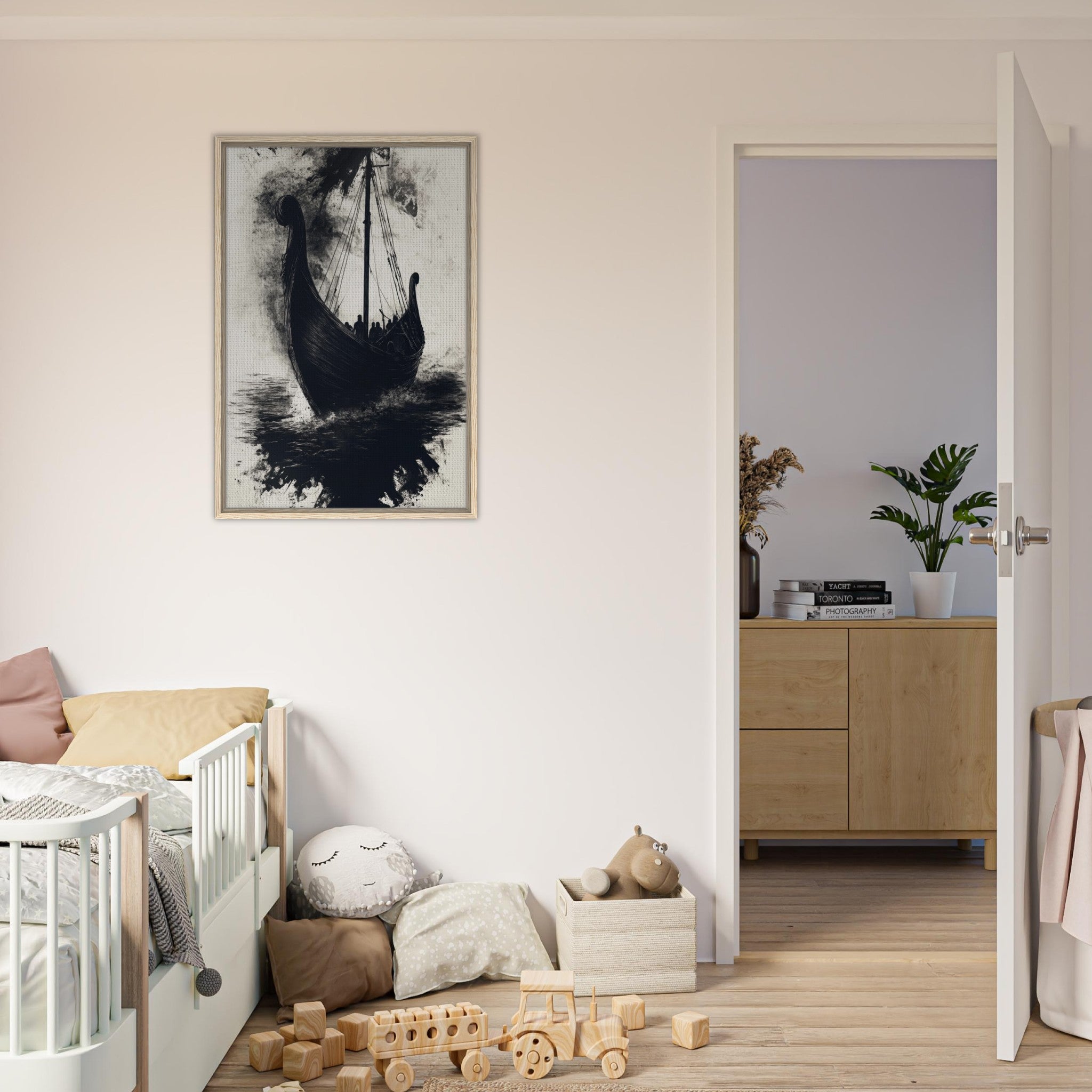 Framed Canvas Portrait - The Ghostly Viking Longship Dark Nordic Ink Met 5 - Shop Ai Art WebShop - Digital Art online Store