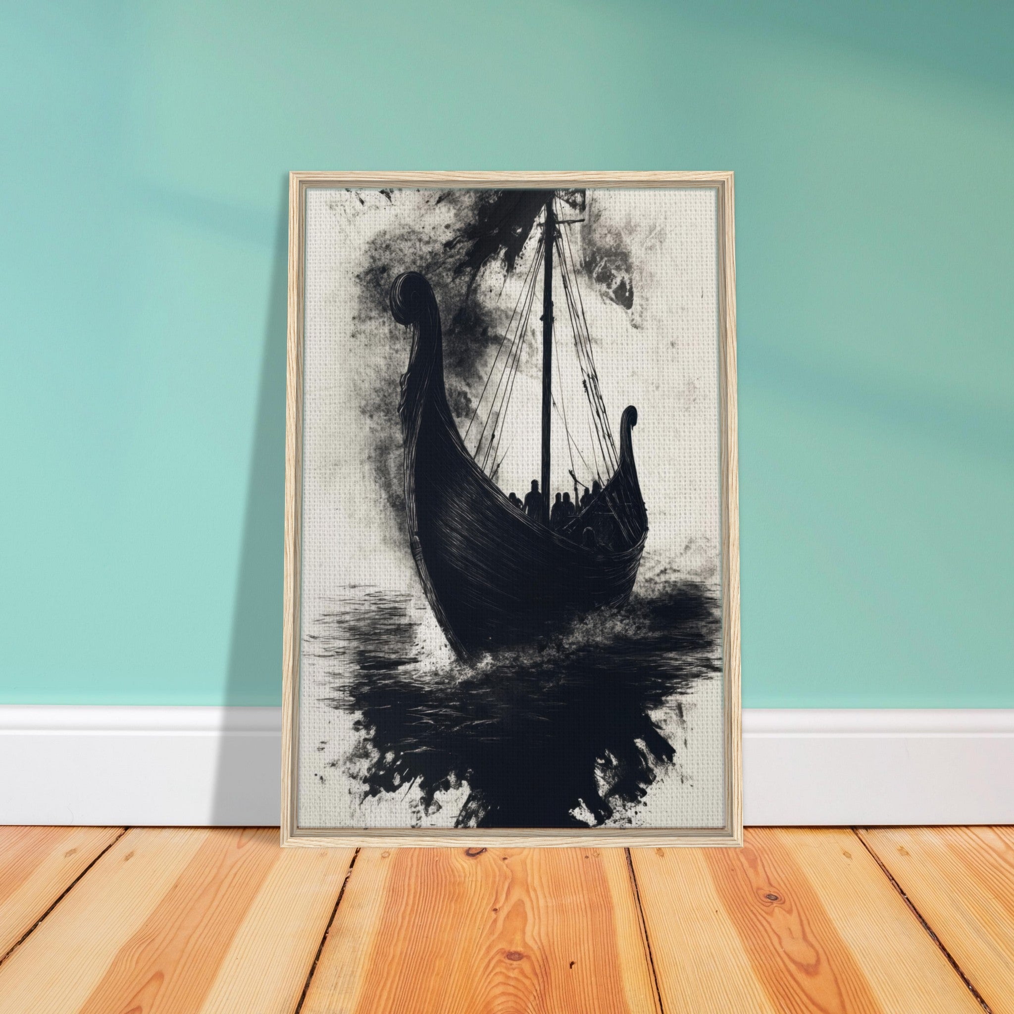 Framed Canvas Portrait - The Ghostly Viking Longship Dark Nordic Ink Met 5 - Shop Ai Art WebShop - Digital Art online Store