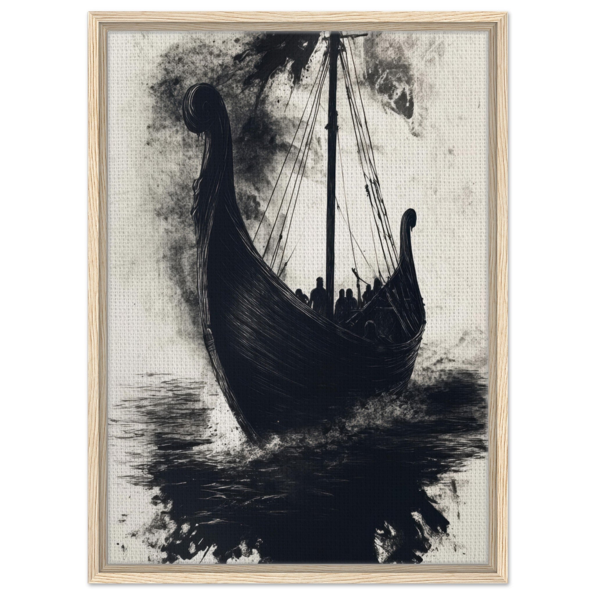 Framed Canvas Portrait - The Ghostly Viking Longship Dark Nordic Ink Met 5 - Shop Ai Art WebShop - Digital Art online Store