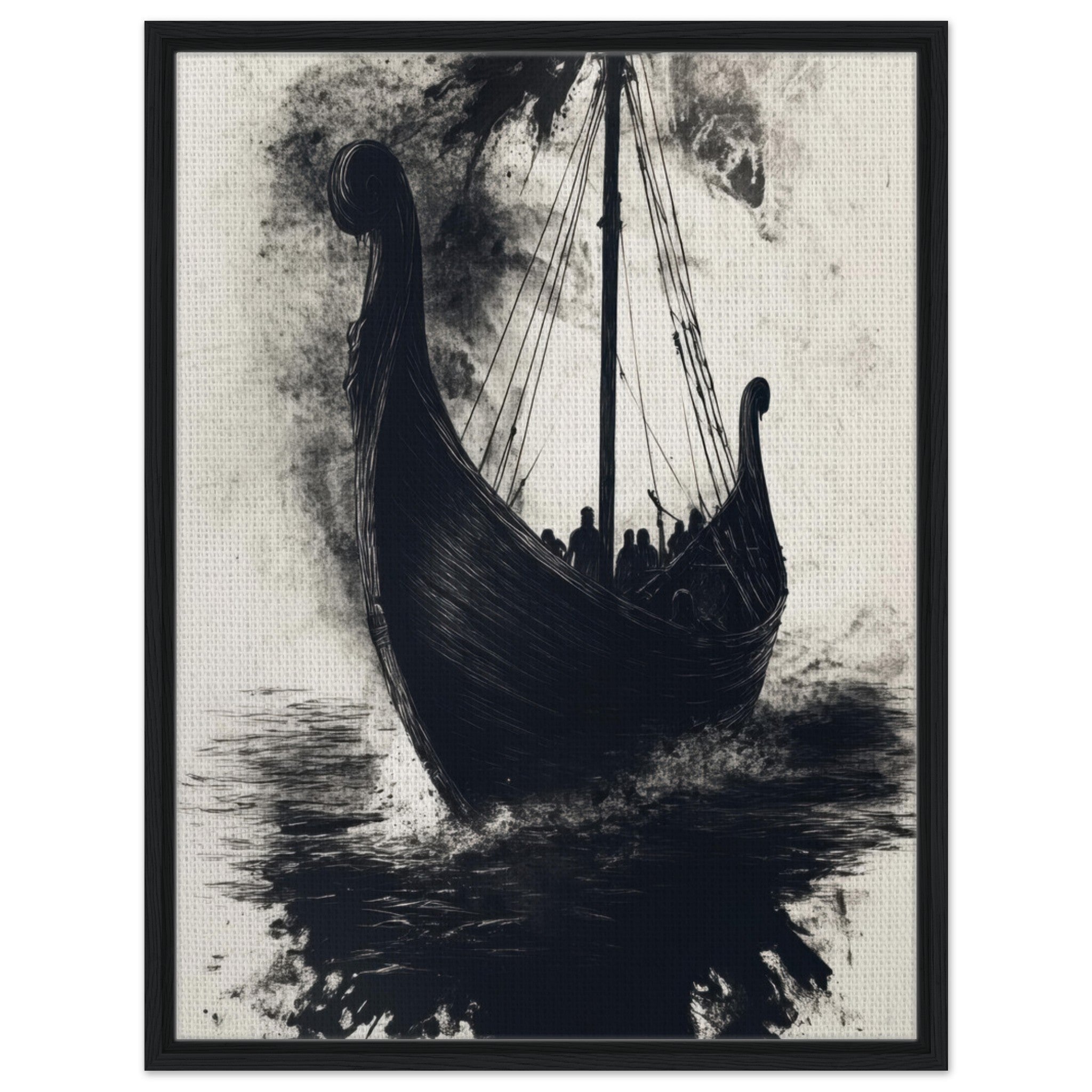 Framed Canvas Portrait - The Ghostly Viking Longship Dark Nordic Ink Met 5 - Shop Ai Art WebShop - Digital Art online Store