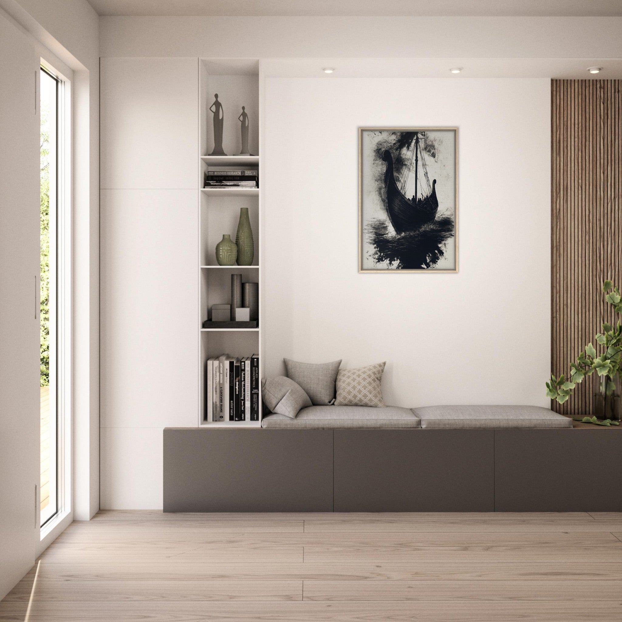 Framed Canvas Portrait - The Ghostly Viking Longship Dark Nordic Ink Met 5 - Shop Ai Art WebShop - Digital Art online Store