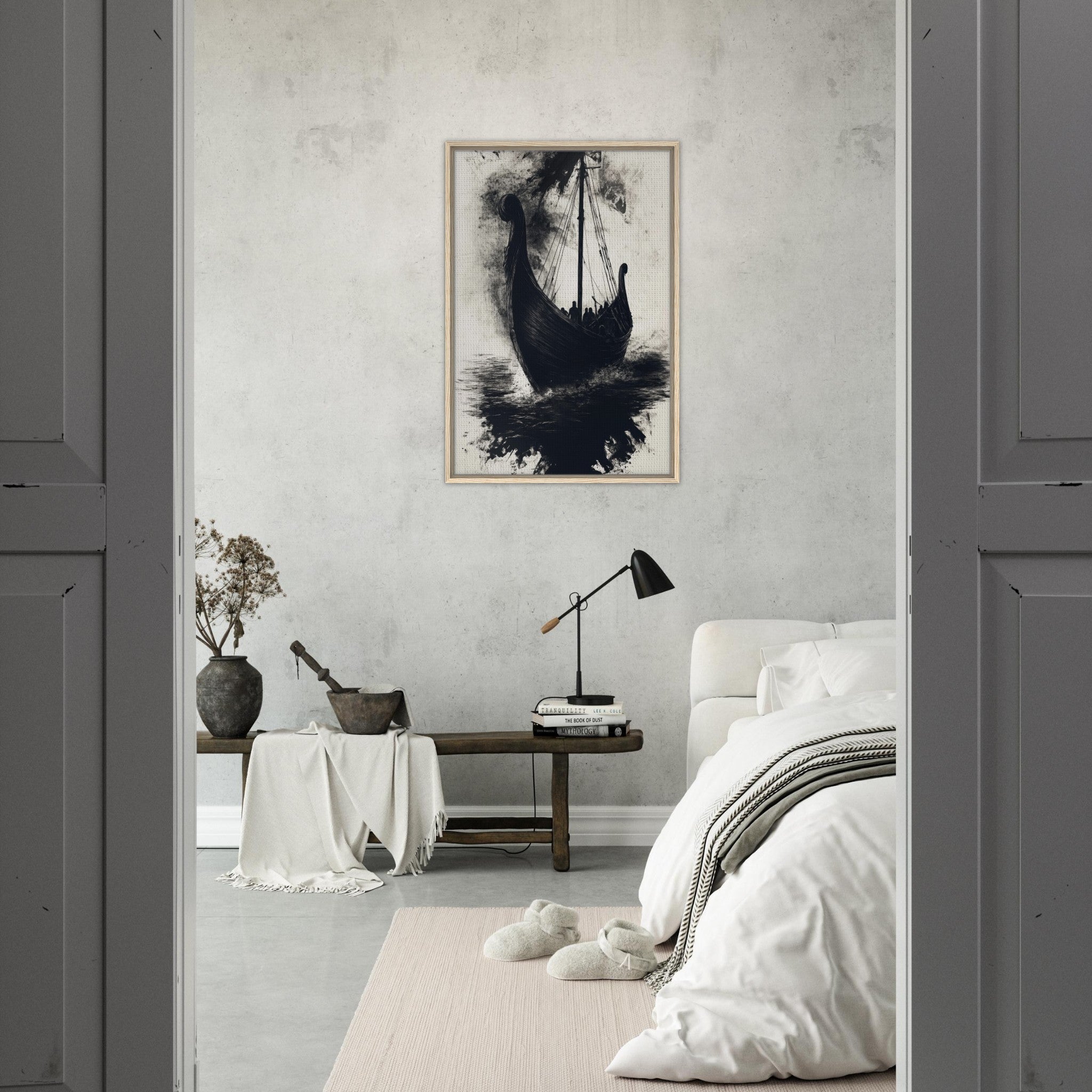 Framed Canvas Portrait - The Ghostly Viking Longship Dark Nordic Ink Met 5 - Shop Ai Art WebShop - Digital Art online Store
