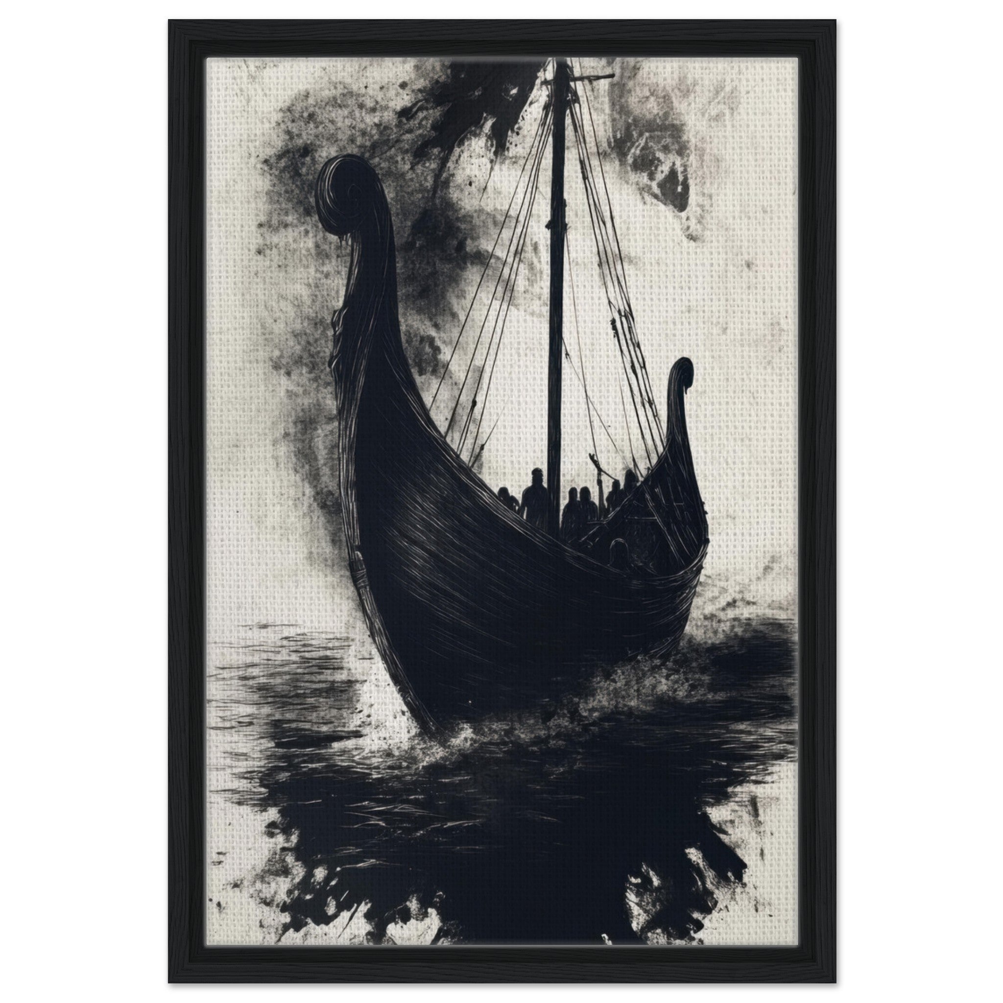 Framed Canvas Portrait - The Ghostly Viking Longship Dark Nordic Ink Met 5 - Shop Ai Art WebShop - Digital Art online Store