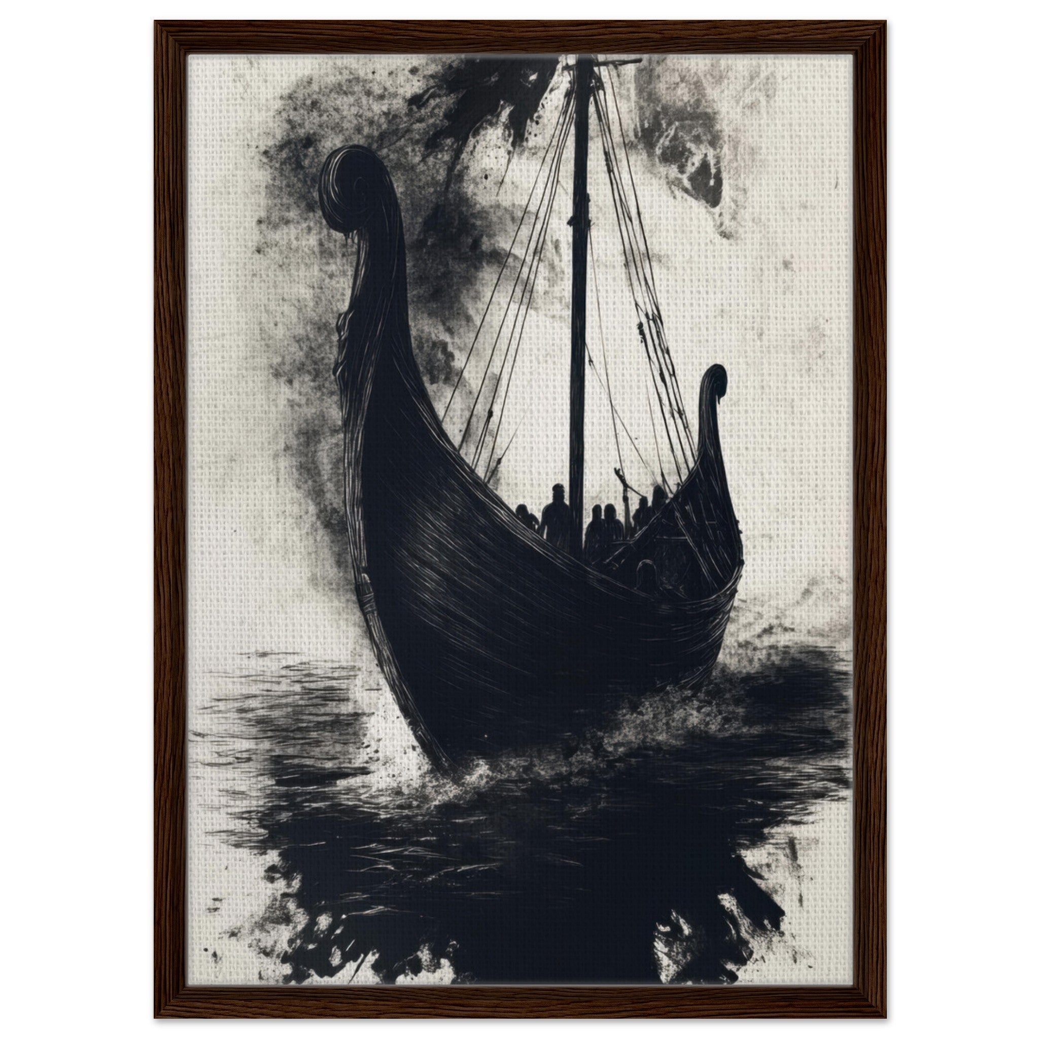 Framed Canvas Portrait - The Ghostly Viking Longship Dark Nordic Ink Met 5 - Shop Ai Art WebShop - Digital Art online Store