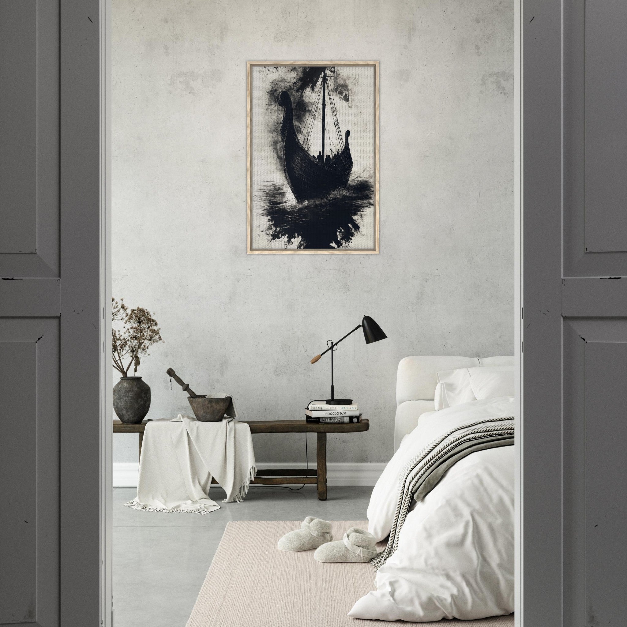 Framed Canvas Portrait - The Ghostly Viking Longship Dark Nordic Ink Met 5 - Shop Ai Art WebShop - Digital Art online Store