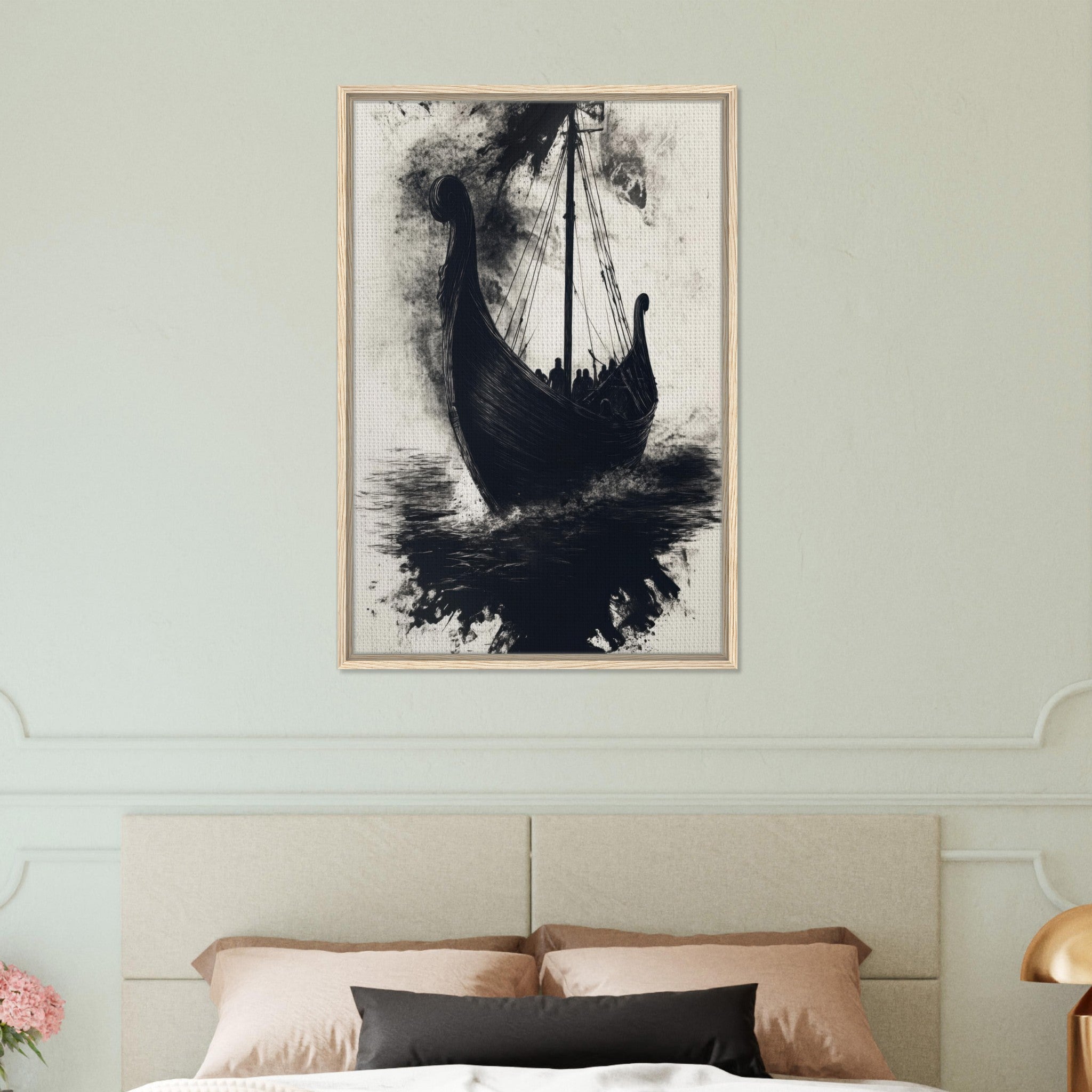 Framed Canvas Portrait - The Ghostly Viking Longship Dark Nordic Ink Met 5 - Shop Ai Art WebShop - Digital Art online Store