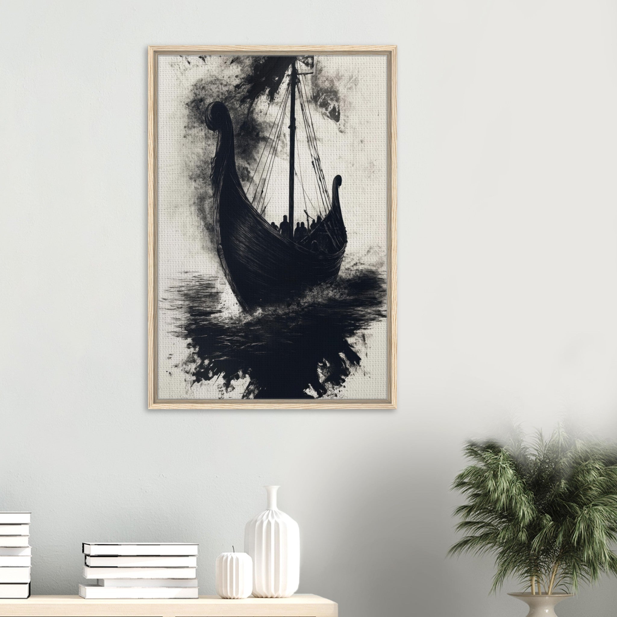 Framed Canvas Portrait - The Ghostly Viking Longship Dark Nordic Ink Met 5 - Shop Ai Art WebShop - Digital Art online Store