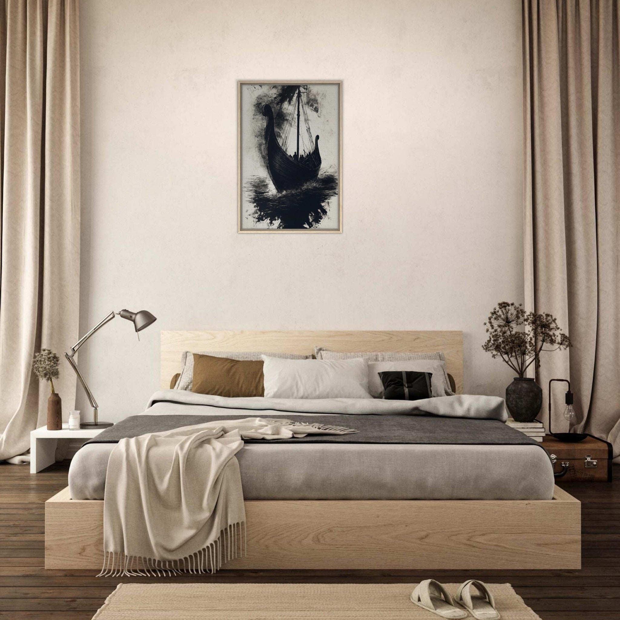 Framed Canvas Portrait - The Ghostly Viking Longship Dark Nordic Ink Met 5 - Shop Ai Art WebShop - Digital Art online Store