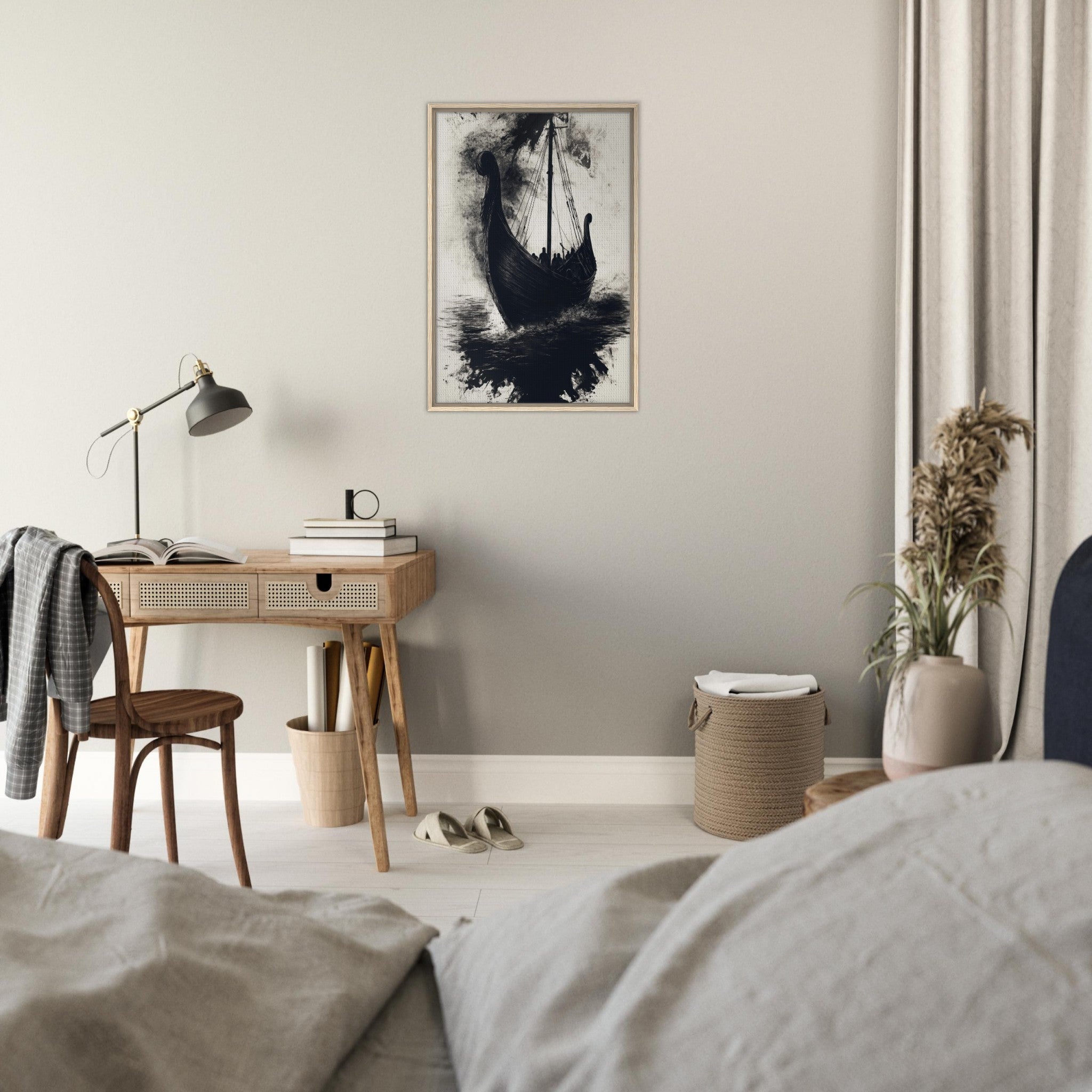 Framed Canvas Portrait - The Ghostly Viking Longship Dark Nordic Ink Met 5 - Shop Ai Art WebShop - Digital Art online Store