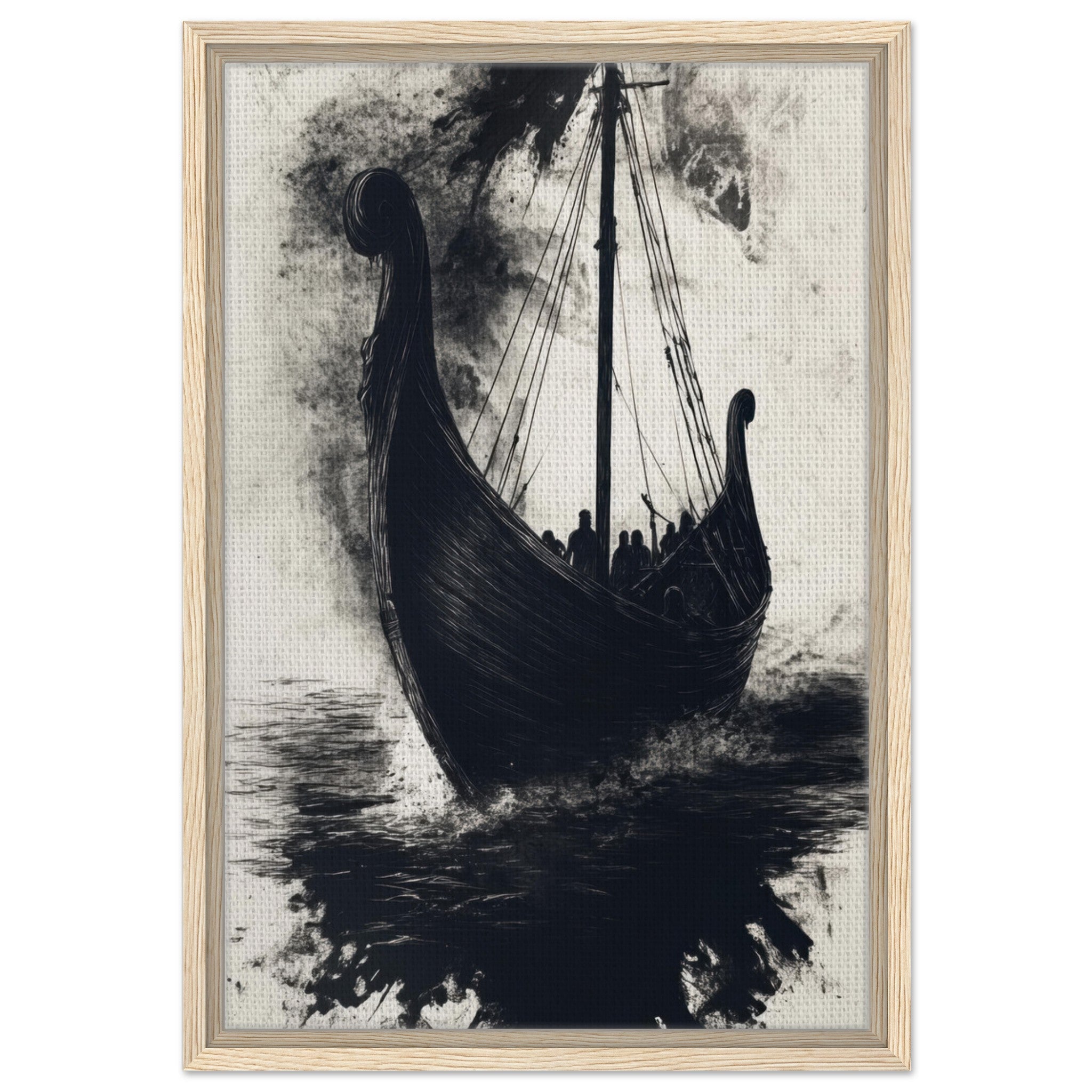 Framed Canvas Portrait - The Ghostly Viking Longship Dark Nordic Ink Met 5 - Shop Ai Art WebShop - Digital Art online Store