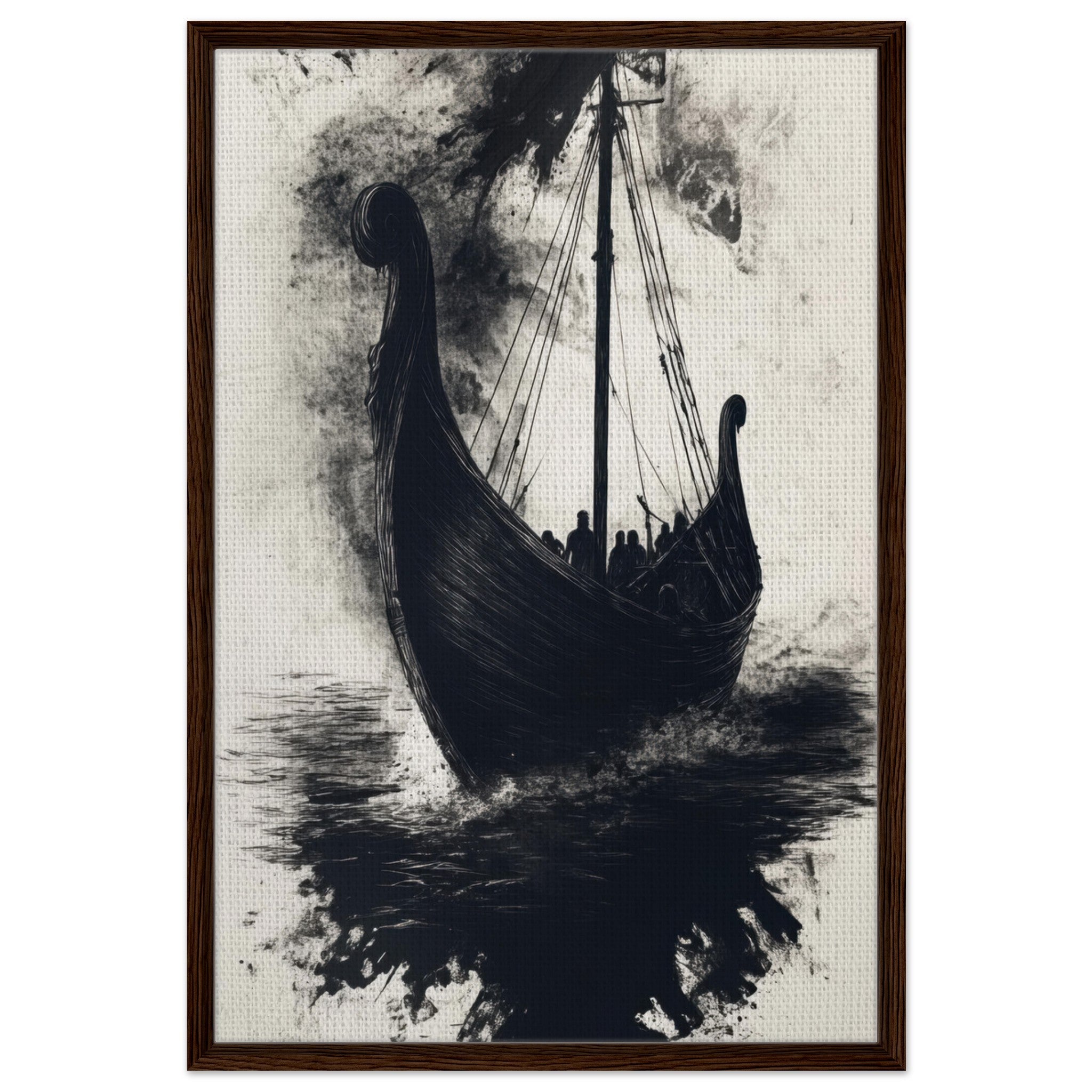 Framed Canvas Portrait - The Ghostly Viking Longship Dark Nordic Ink Met 5 - Shop Ai Art WebShop - Digital Art online Store