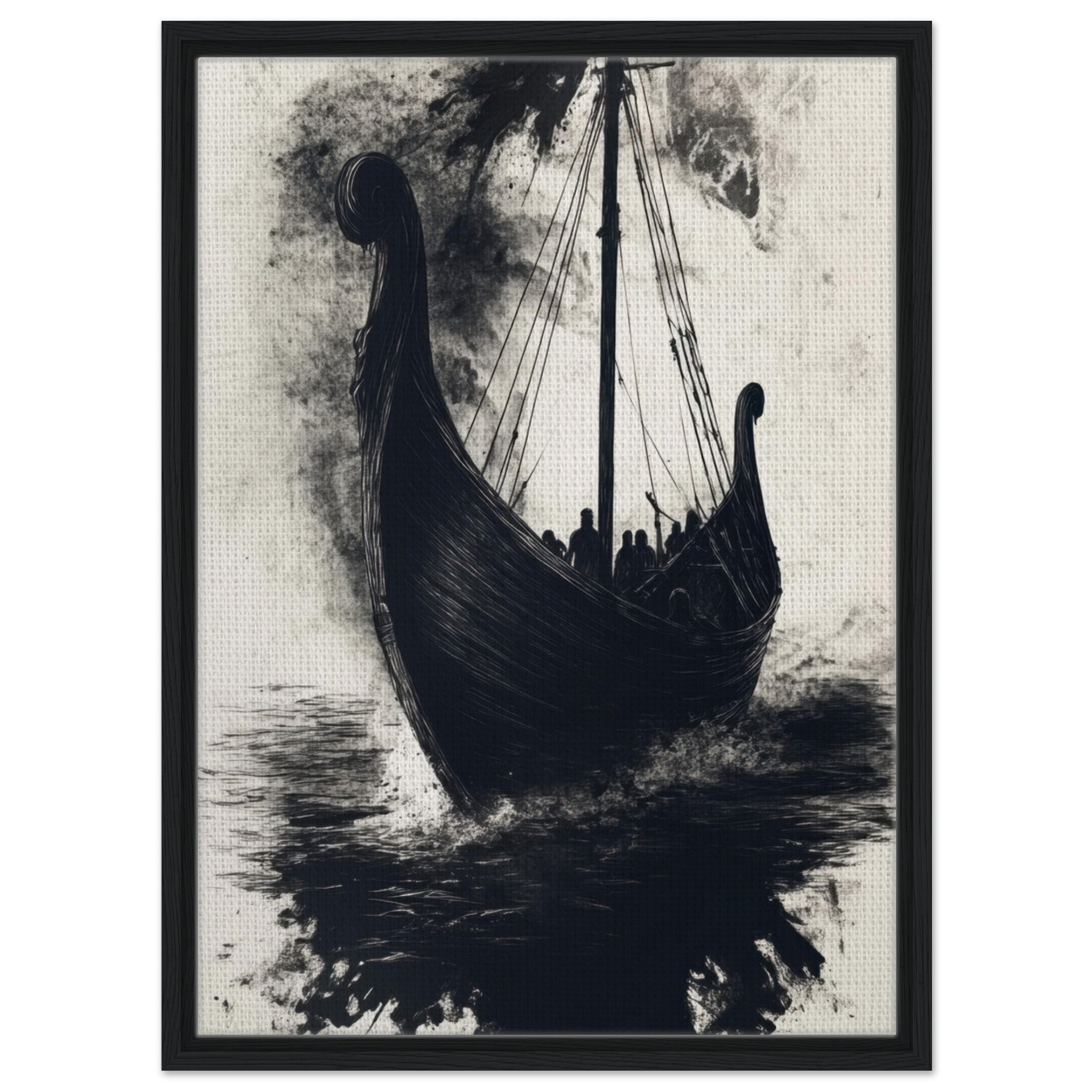 Framed Canvas Portrait - The Ghostly Viking Longship Dark Nordic Ink Met 5 - Shop Ai Art WebShop - Digital Art online Store