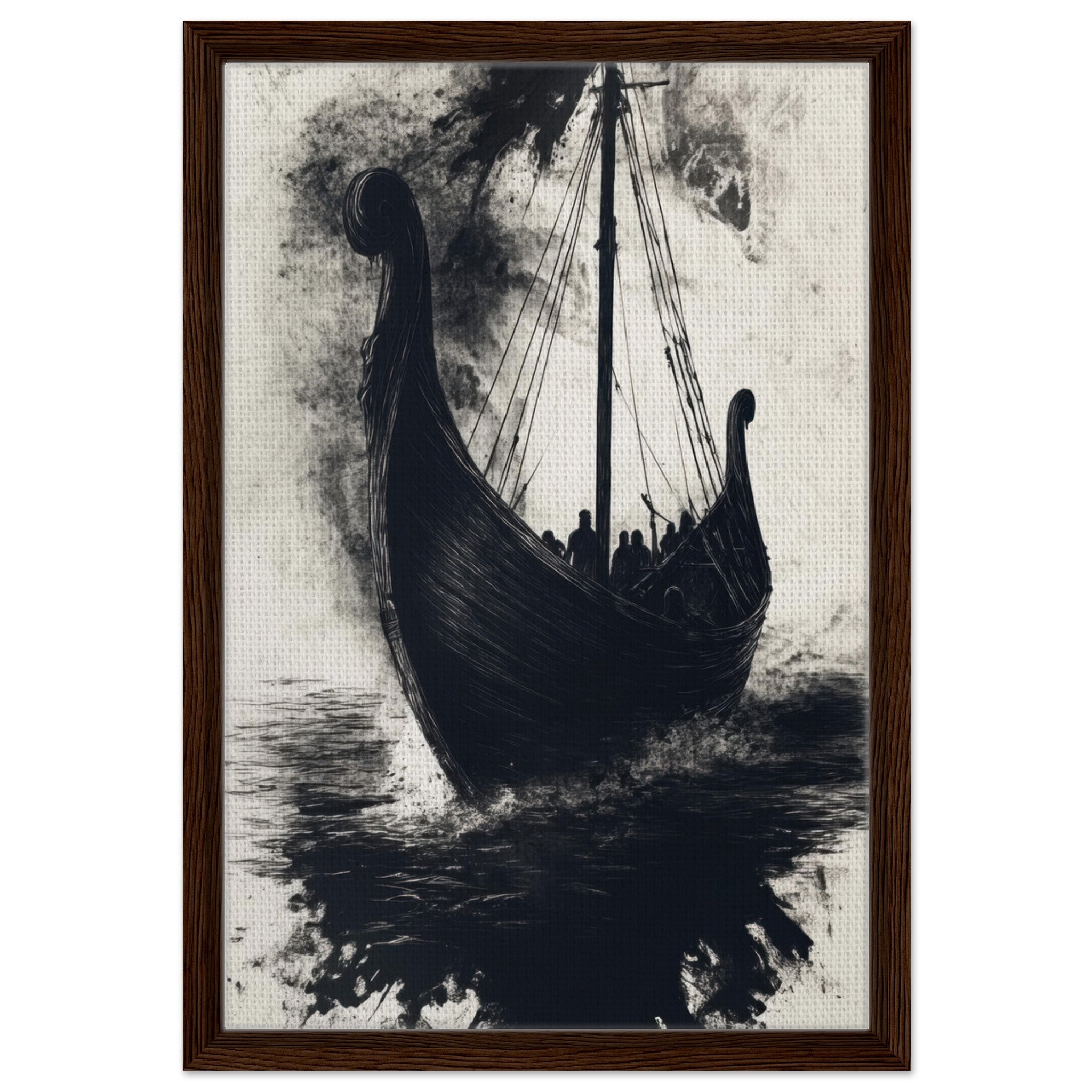 Framed Canvas Portrait - The Ghostly Viking Longship Dark Nordic Ink Met 5 - Shop Ai Art WebShop - Digital Art online Store