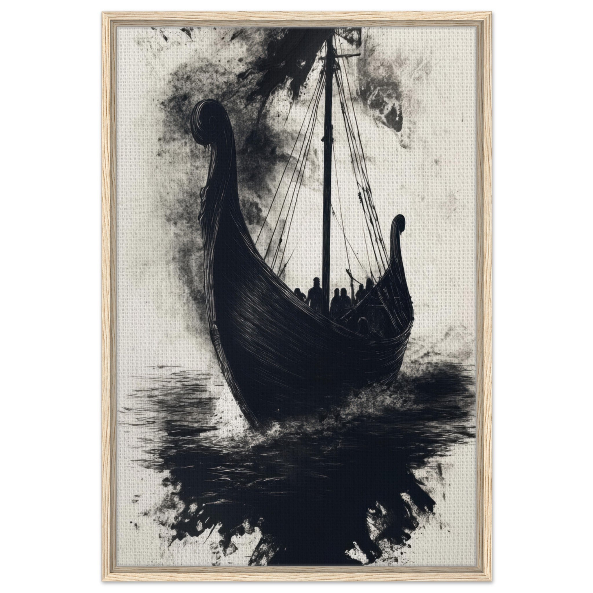 Framed Canvas Portrait - The Ghostly Viking Longship Dark Nordic Ink Met 5 - Shop Ai Art WebShop - Digital Art online Store