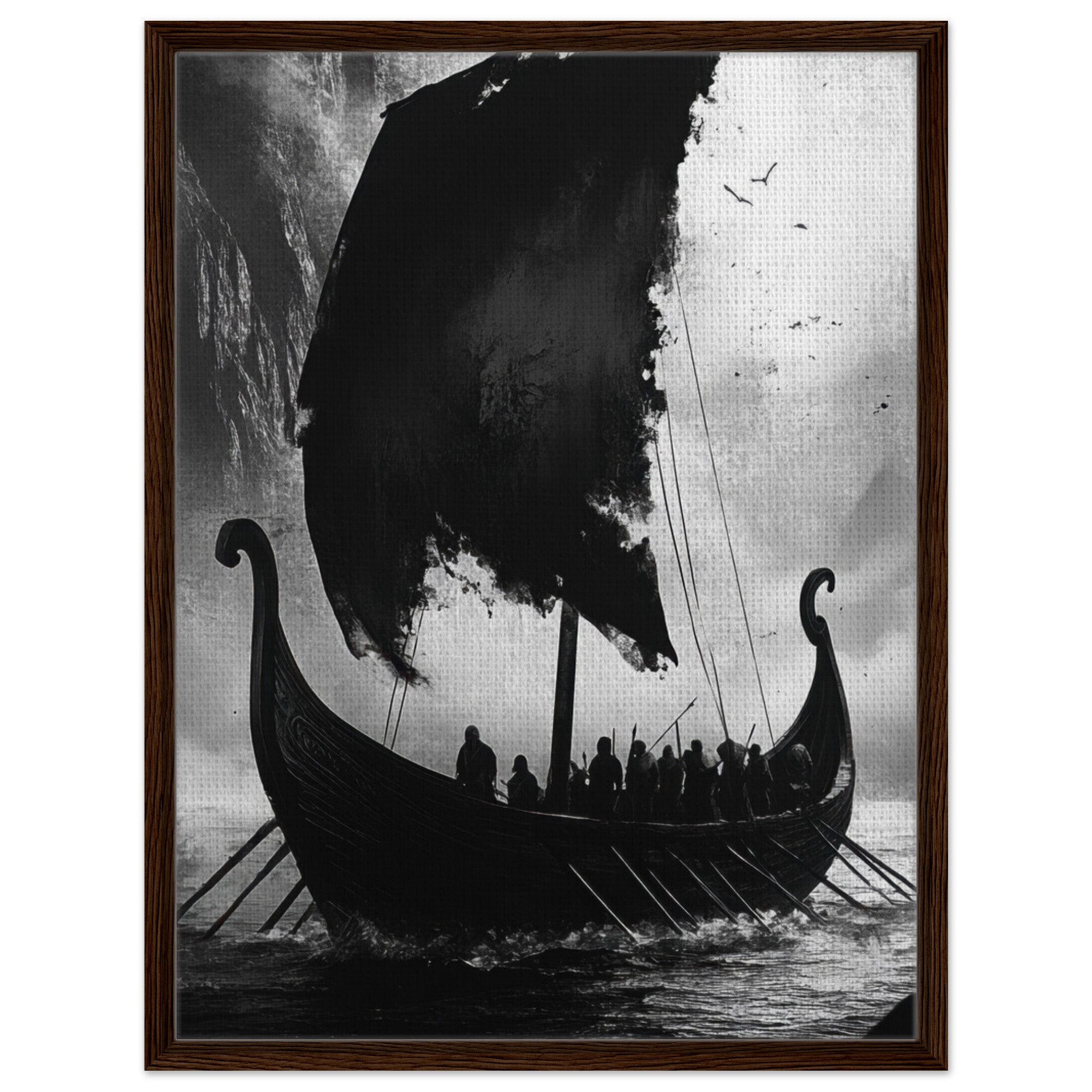Framed Canvas Portrait - The Ghostly Viking Longship Dark Nordic Ink Met - Shop Ai Art WebShop - Digital Art online Store