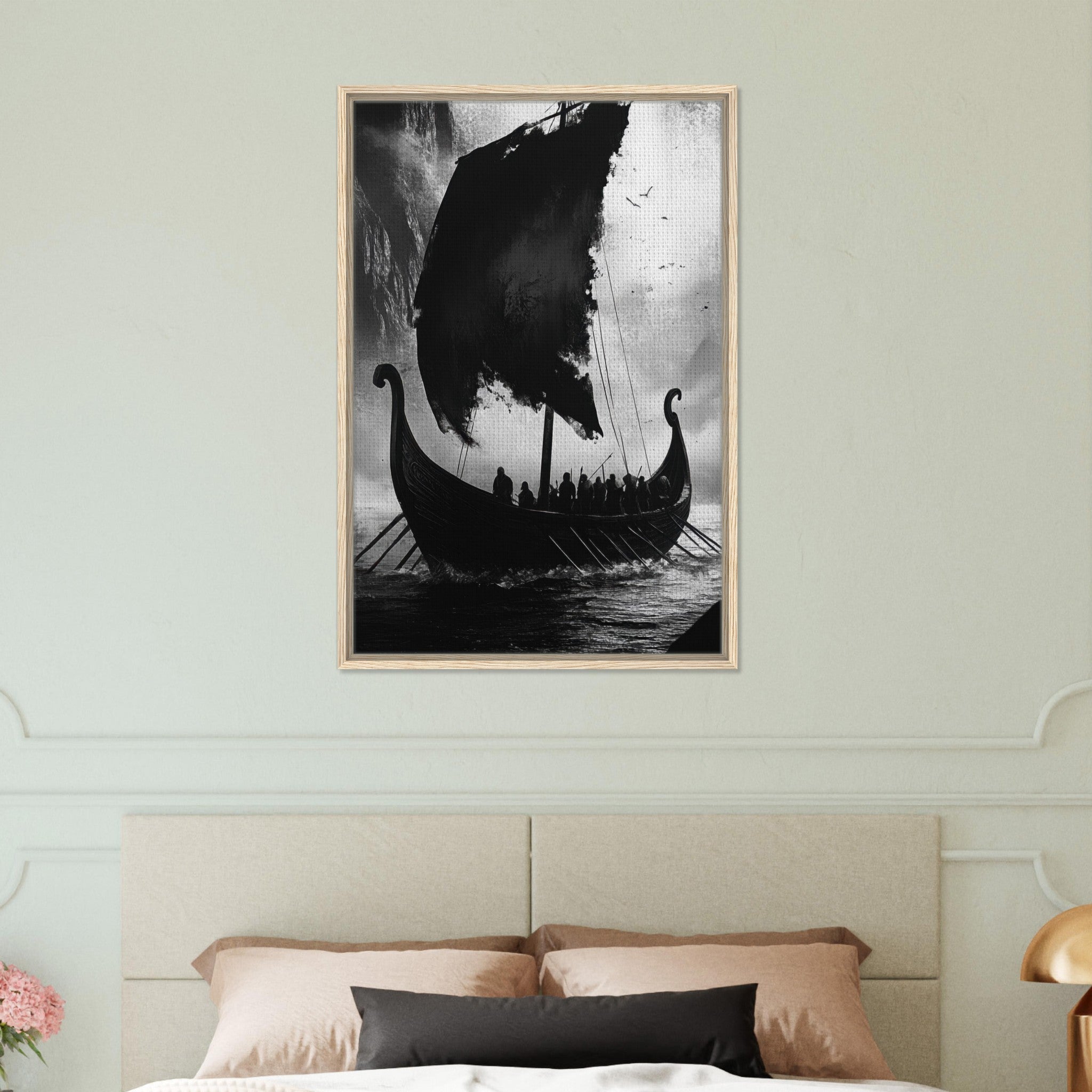 Framed Canvas Portrait - The Ghostly Viking Longship Dark Nordic Ink Met - Shop Ai Art WebShop - Digital Art online Store