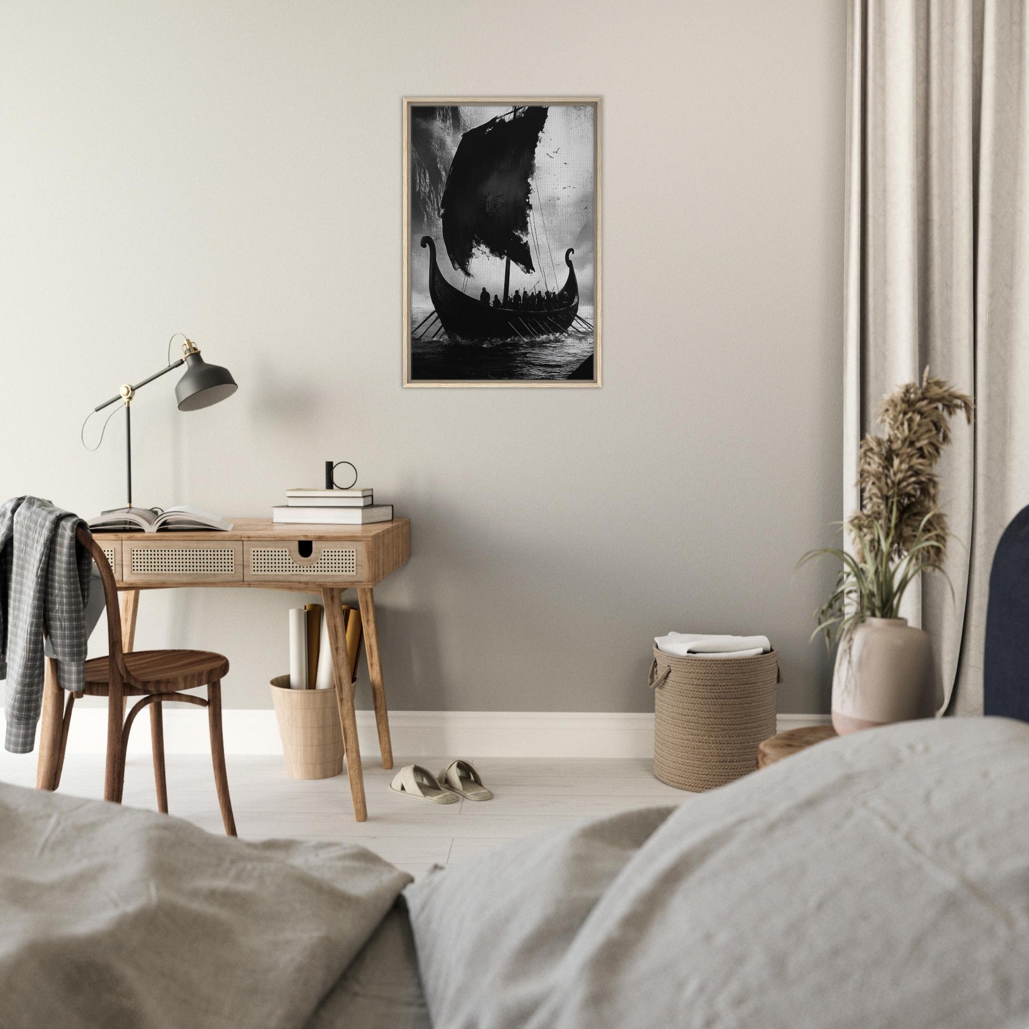 Framed Canvas Portrait - The Ghostly Viking Longship Dark Nordic Ink Met - Shop Ai Art WebShop - Digital Art online Store